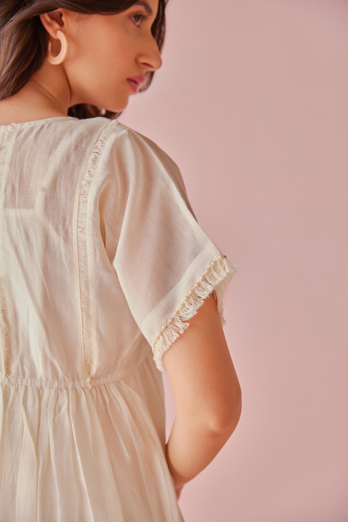 Porcelain Handloom Cotton Chanderi Lace Panel Dress