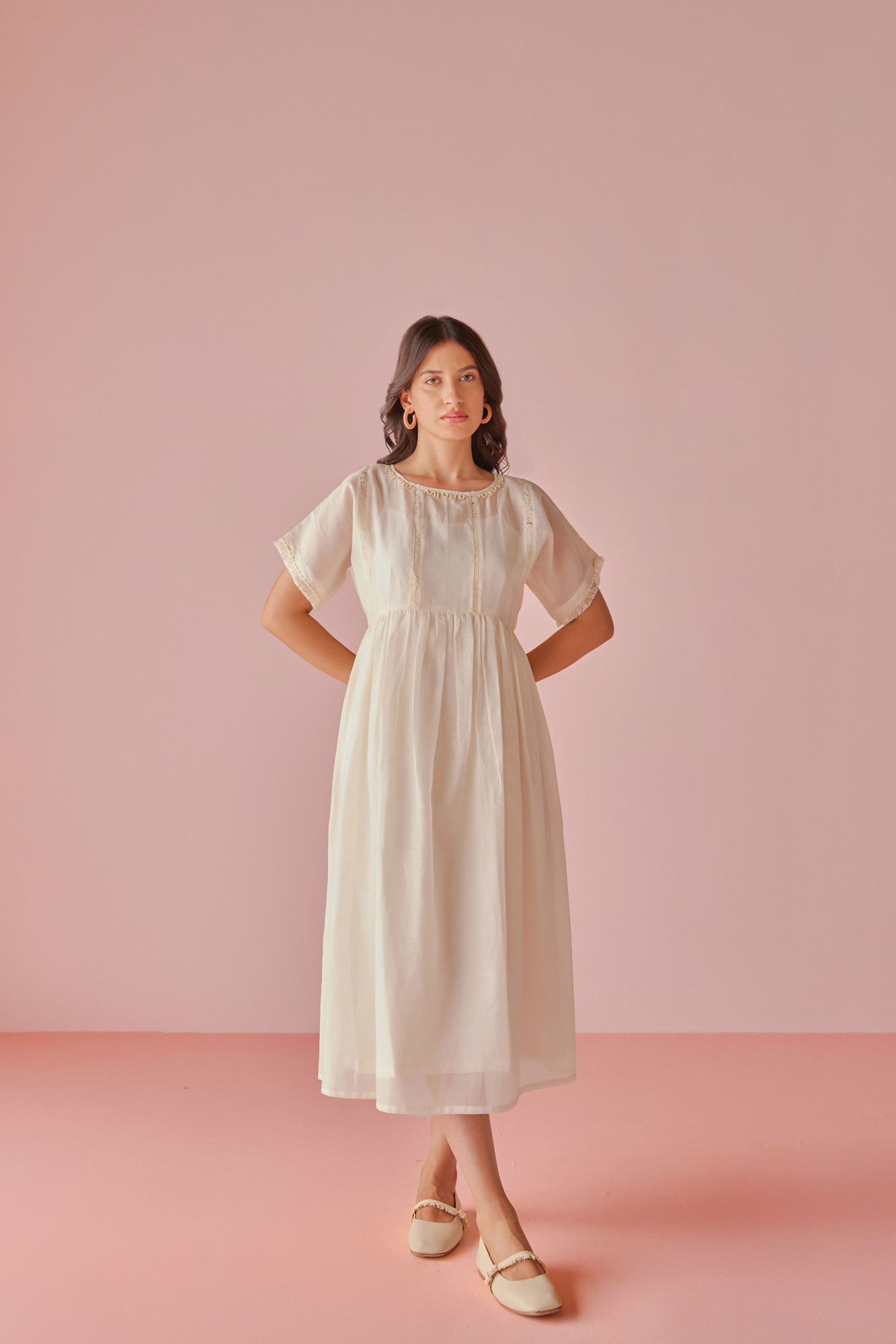 Porcelain Handloom Cotton Chanderi Lace Panel Dress