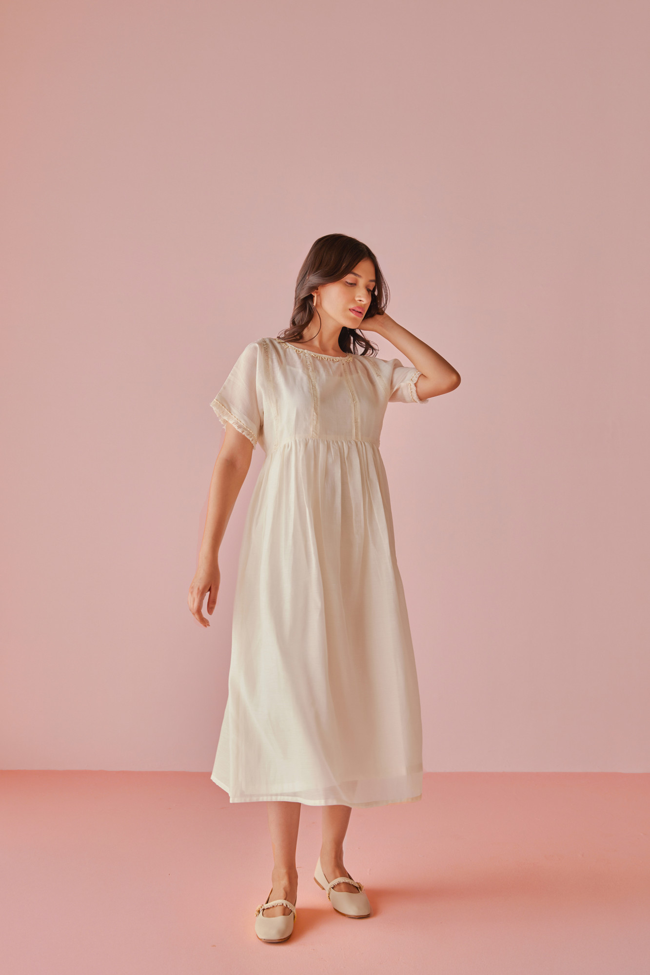 Porcelain Handloom Cotton Chanderi Lace Panel Dress