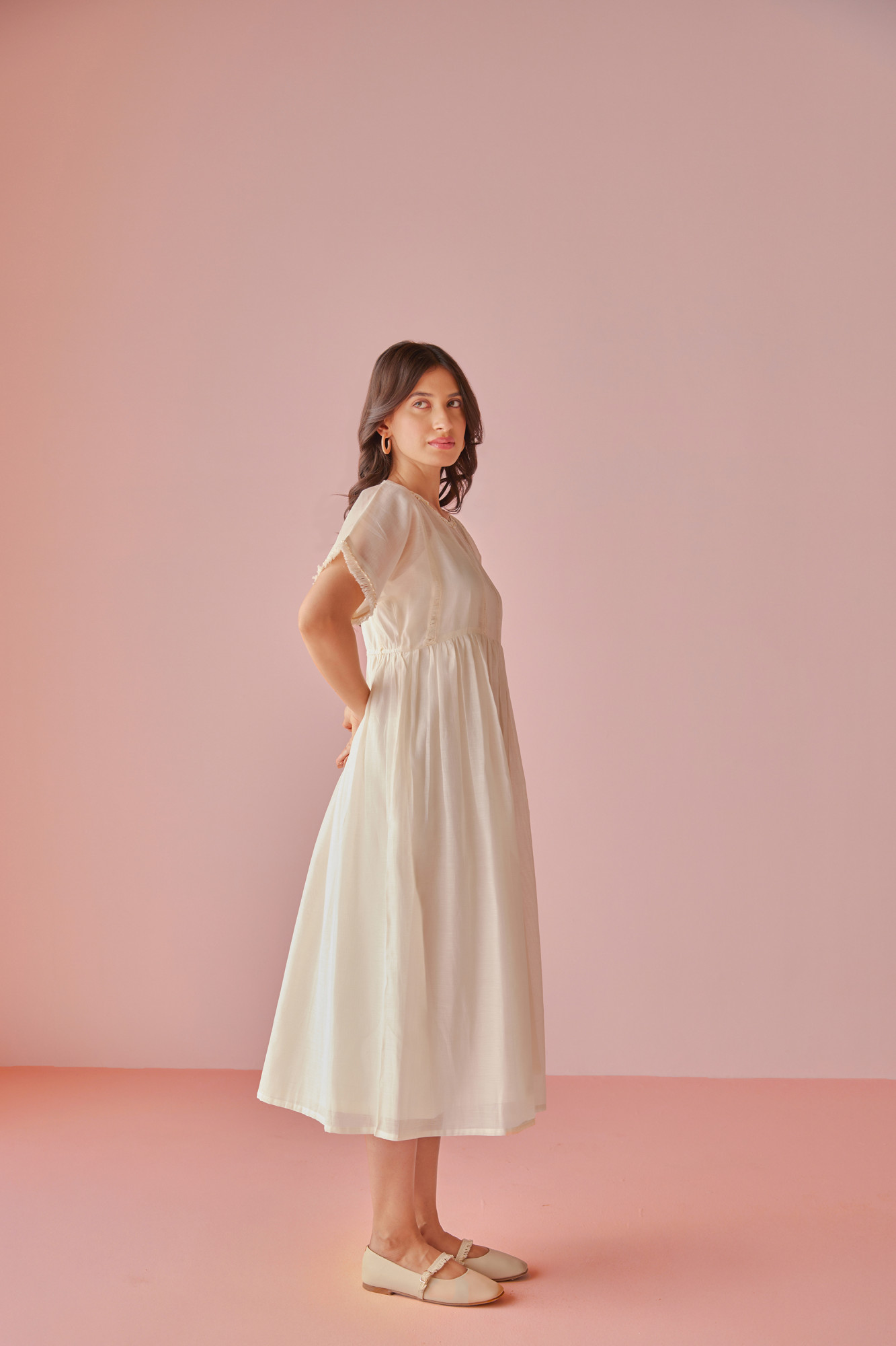 Porcelain Handloom Cotton Chanderi Lace Panel Dress