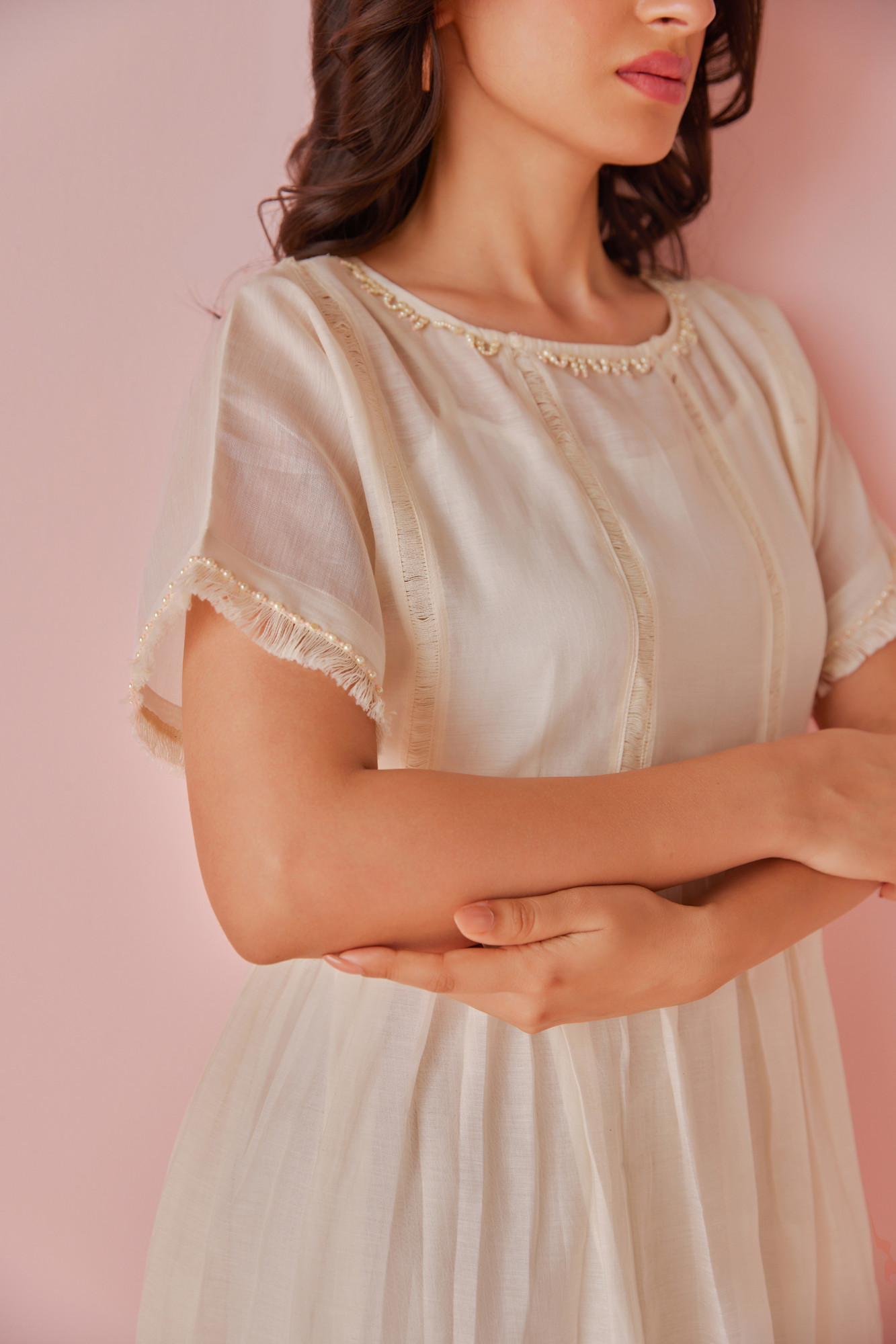 Porcelain Handloom Cotton Chanderi Lace Panel Dress