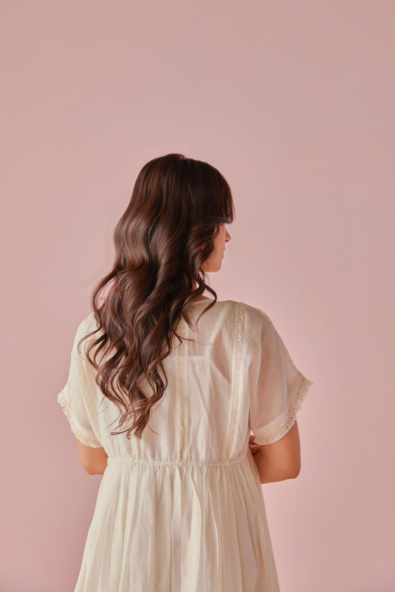 Porcelain Handloom Cotton Chanderi Lace Panel Dress