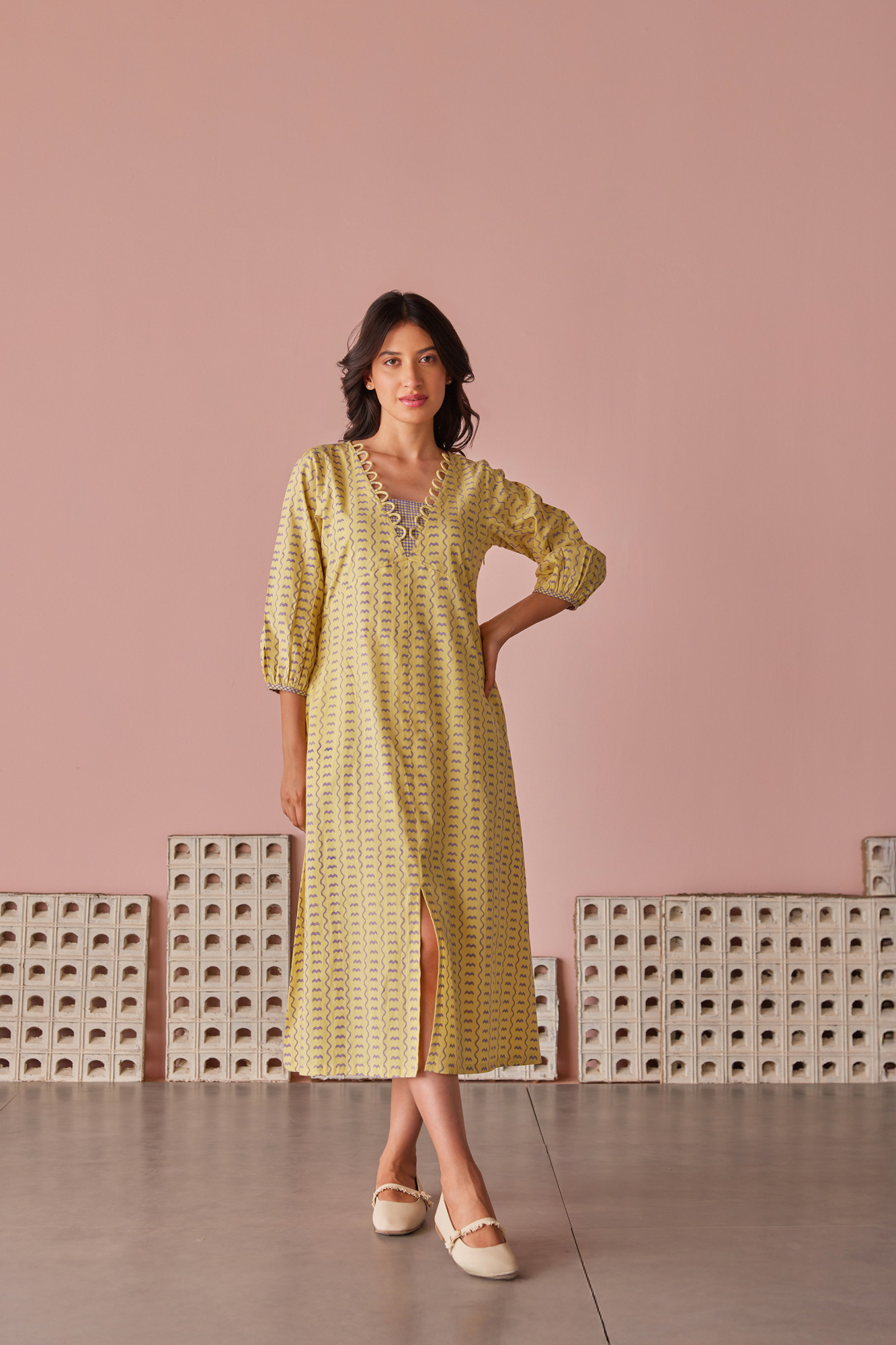 Crema Lilac Cotton Modal Block Printed Dress