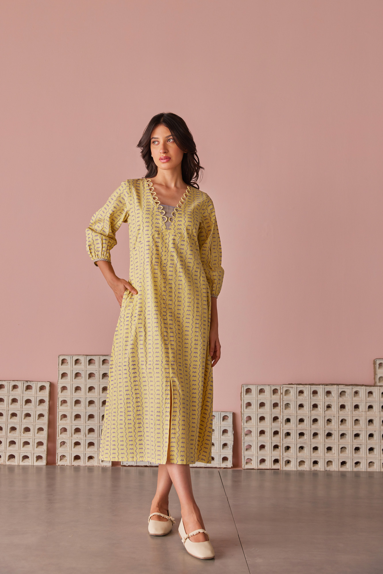 Crema Lilac Cotton Modal Block Printed Dress