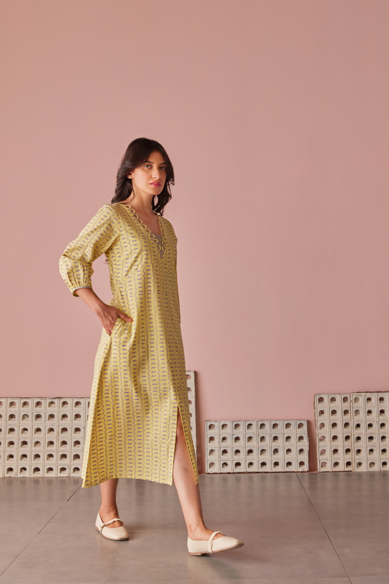 Crema Lilac Cotton Modal Block Printed Dress