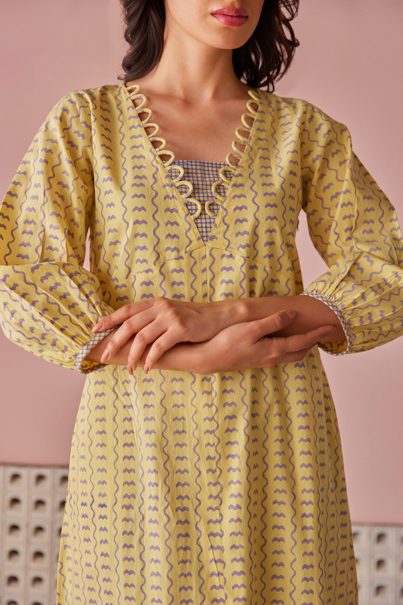 Crema Lilac Cotton Modal Block Printed Dress