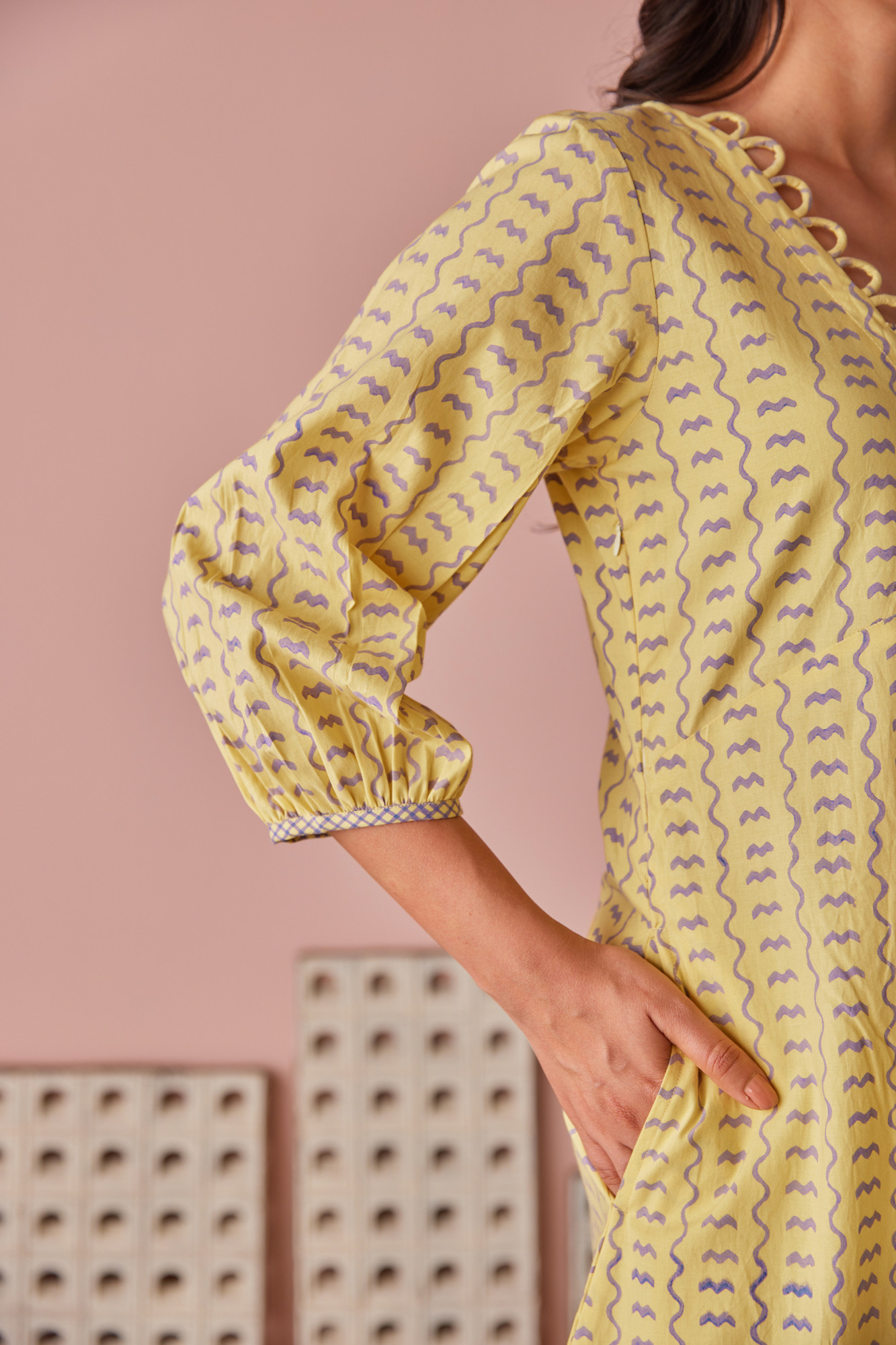 Crema Lilac Cotton Modal Block Printed Dress