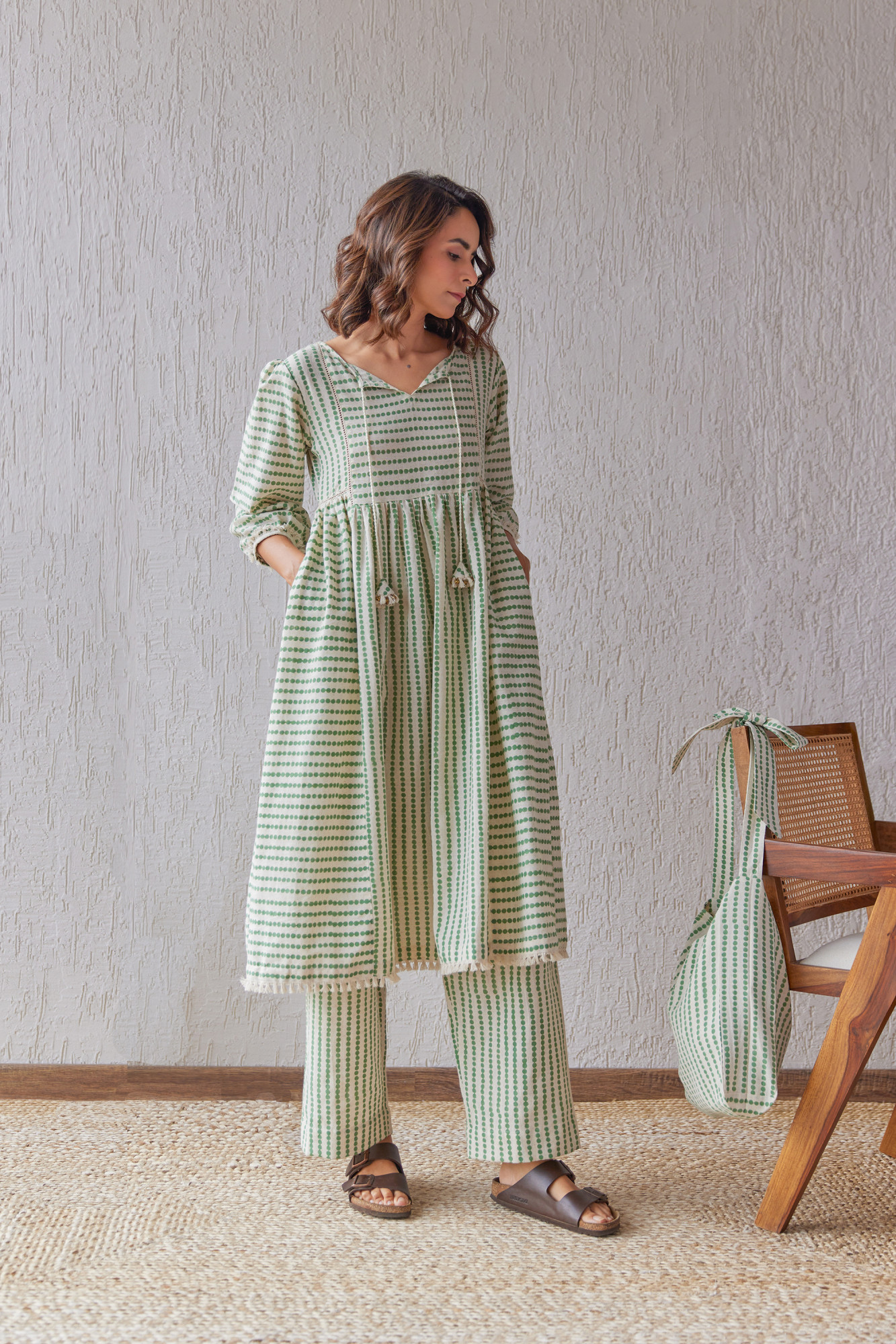 Moss Cotton Flax Block Printed Tunic Set