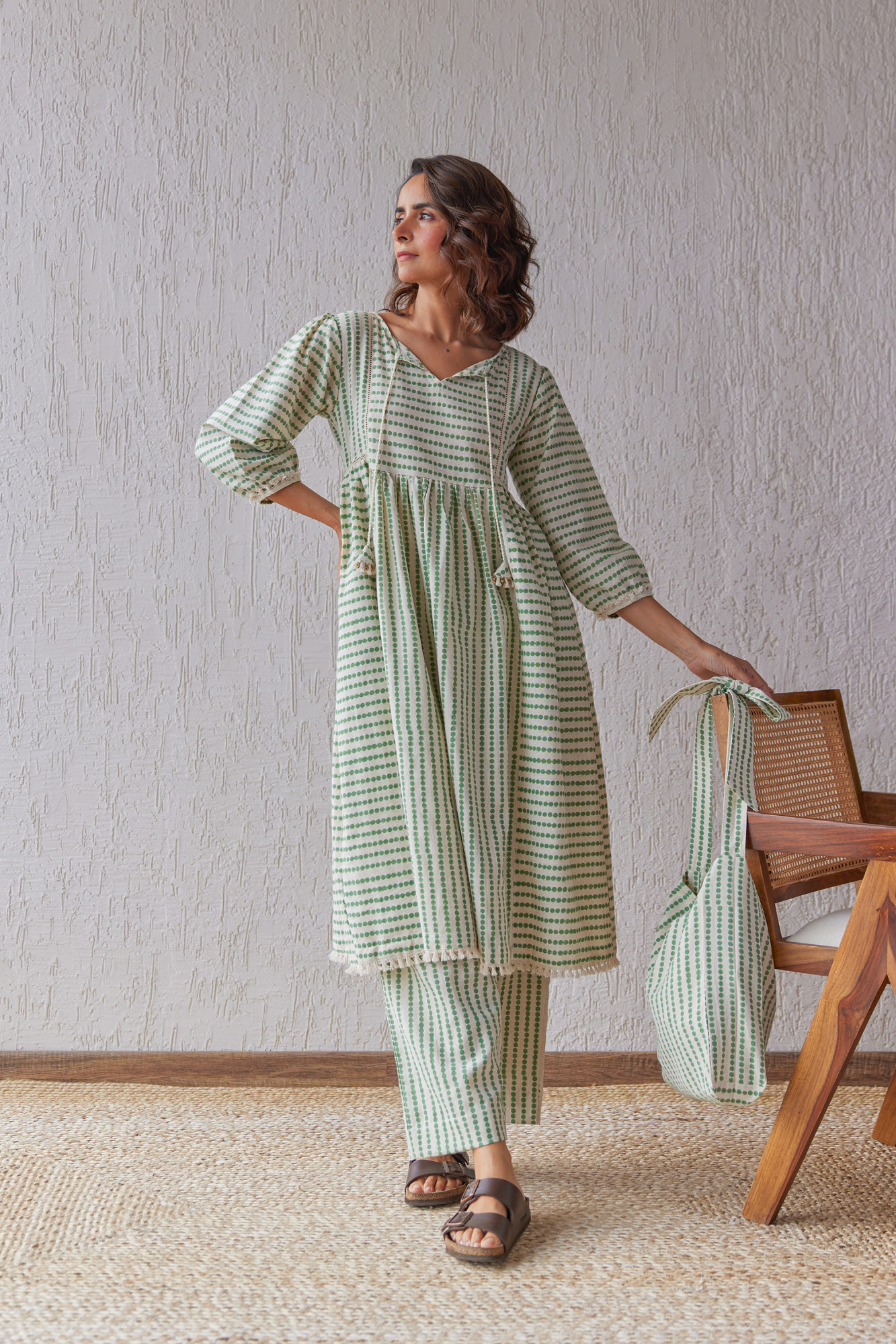 Moss Cotton Flax Block Printed Tunic Set