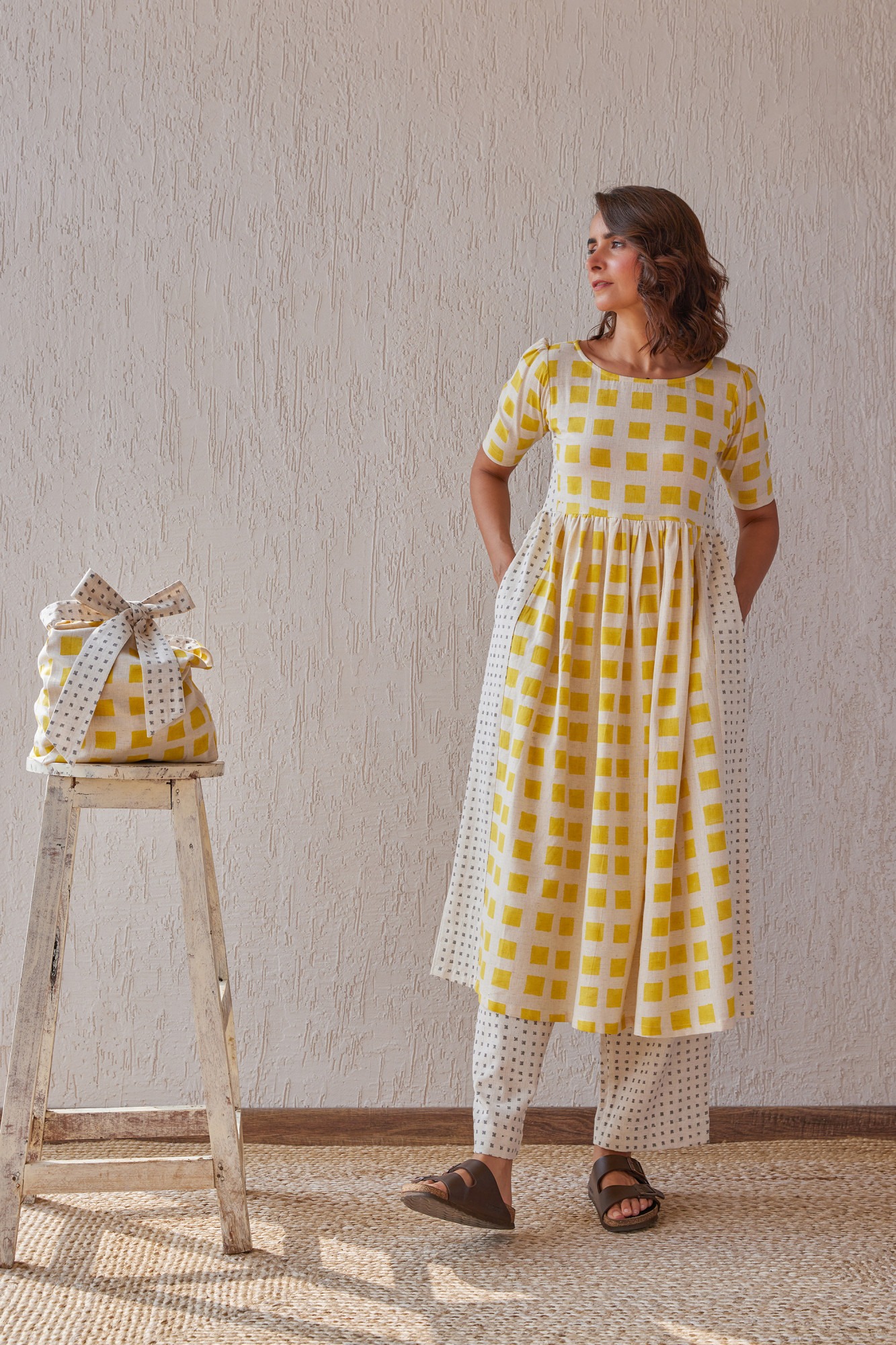 Canary Cotton Flax Block Printed Tunic Set