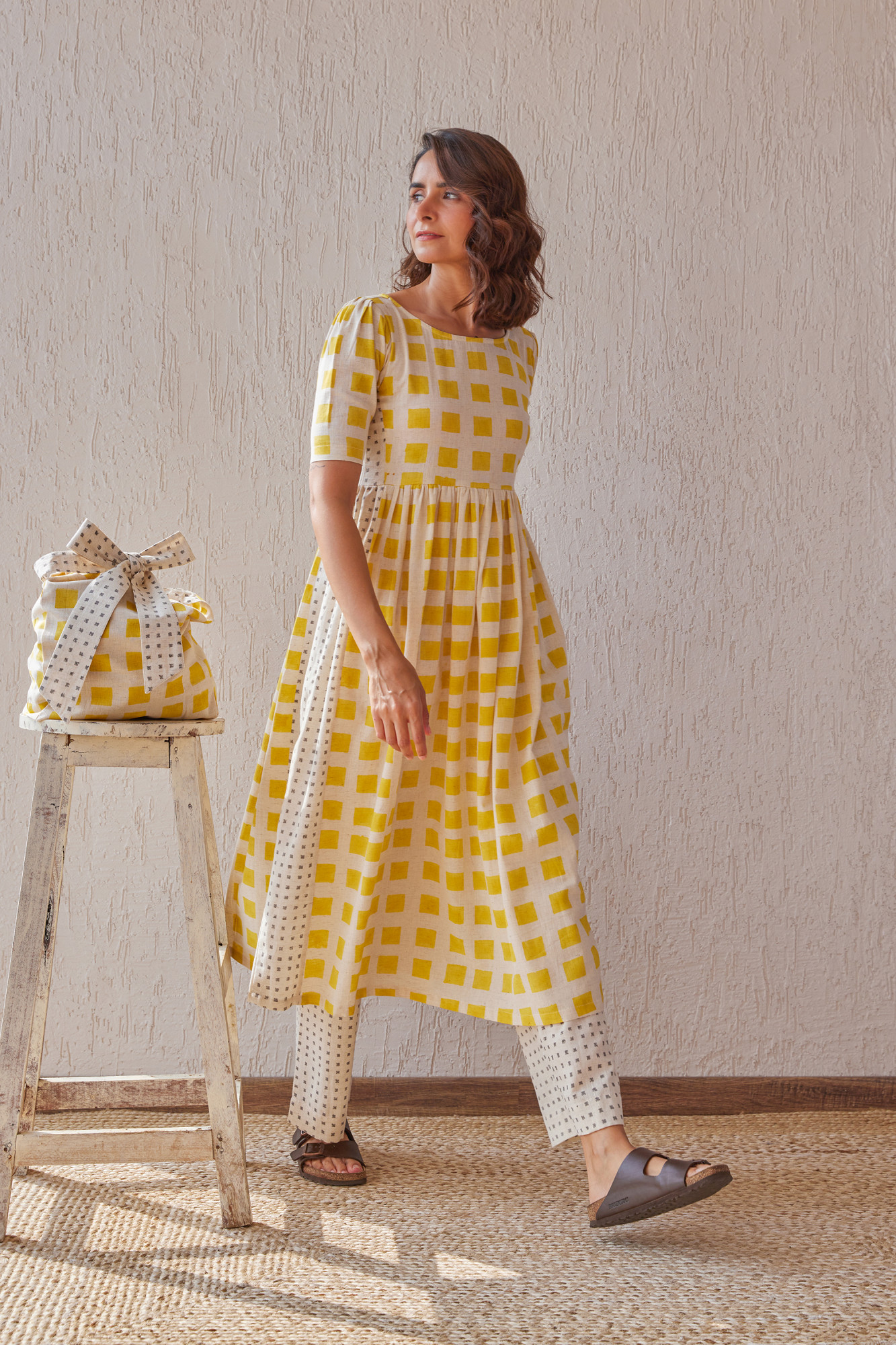 Canary Cotton Flax Block Printed Tunic Set