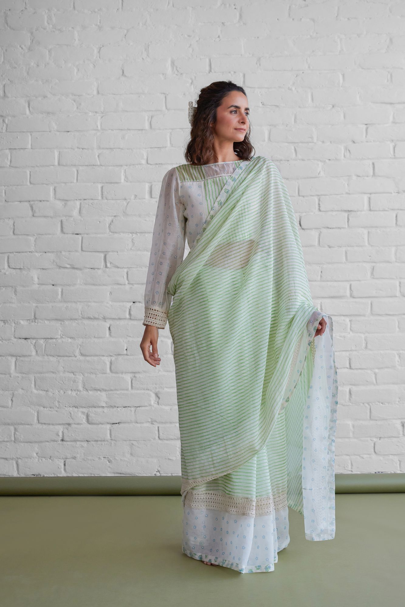 Salvia Chanderi Block Printed Saree Blouse Set