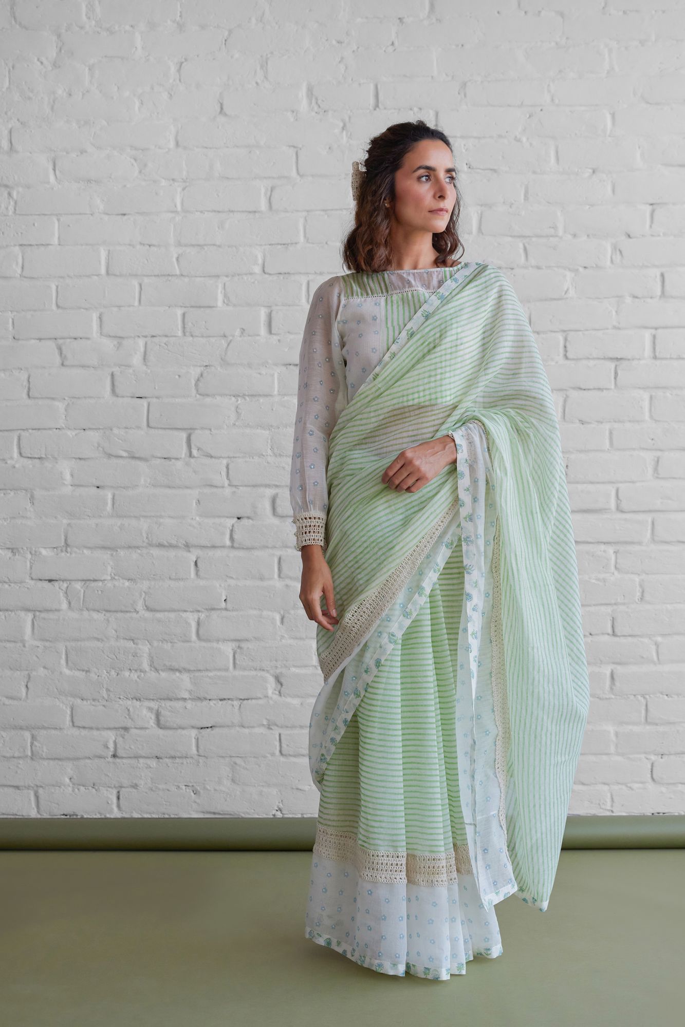 Salvia Chanderi Block Printed Saree Blouse Set