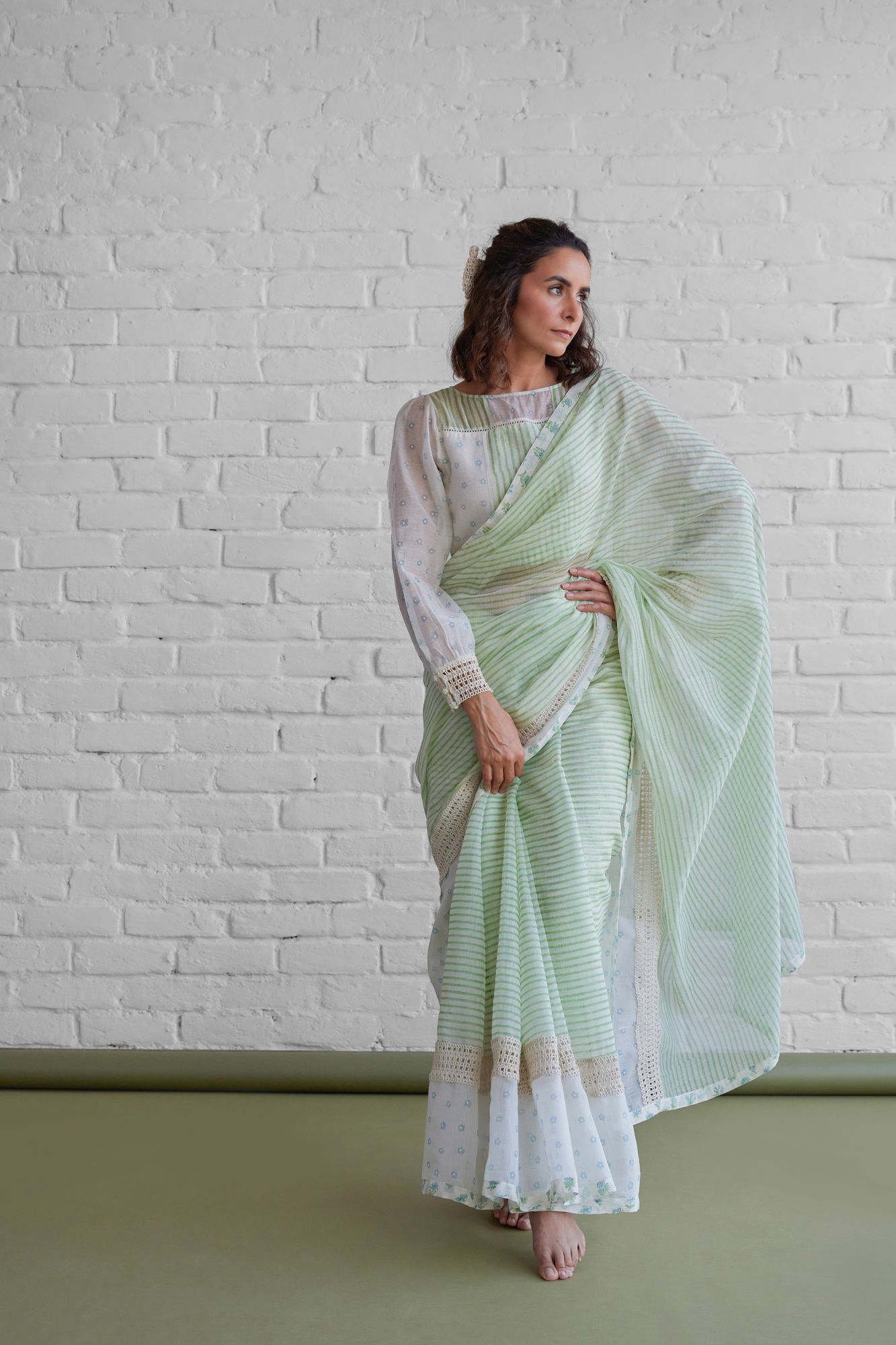 Salvia Chanderi Block Printed Saree Blouse Set