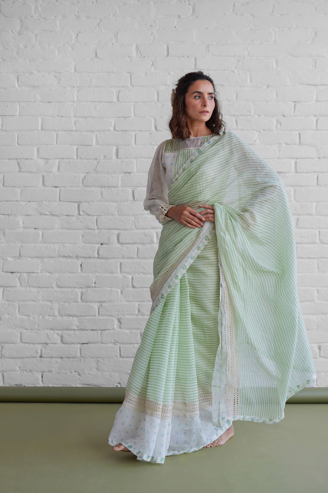 Salvia Chanderi Block Printed Saree Blouse Set