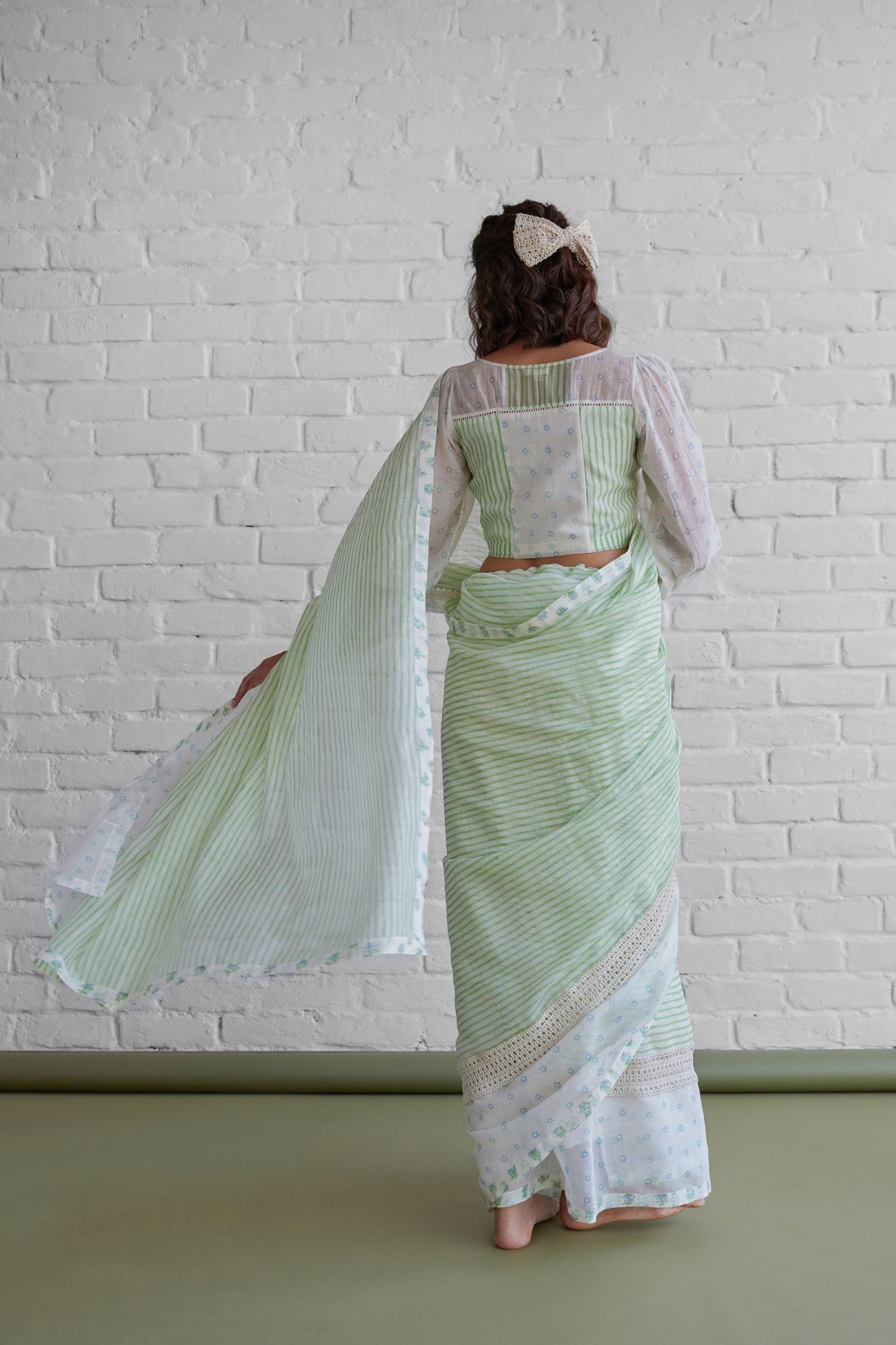 Salvia Chanderi Block Printed Saree Blouse Set