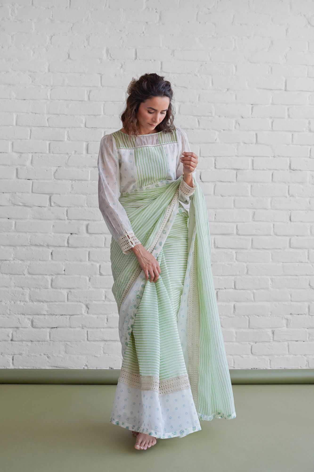 Salvia Chanderi Block Printed Saree Blouse Set