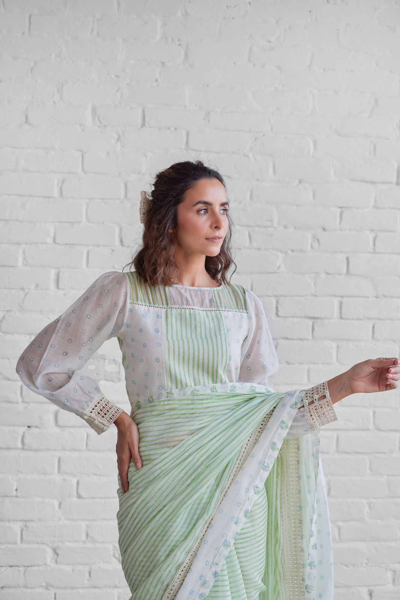 Salvia Chanderi Block Printed Saree Blouse Set