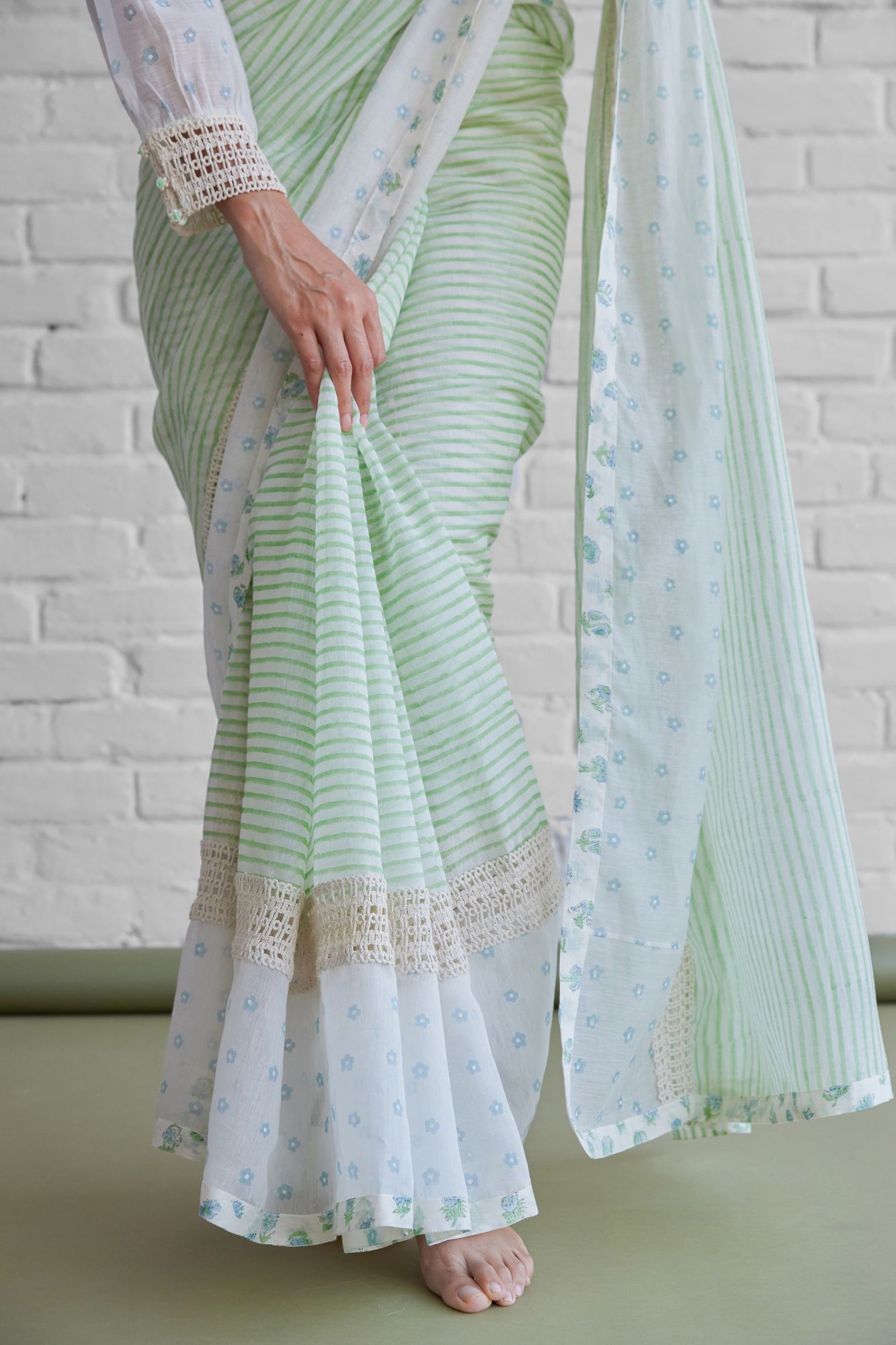 Salvia Chanderi Block Printed Saree Blouse Set