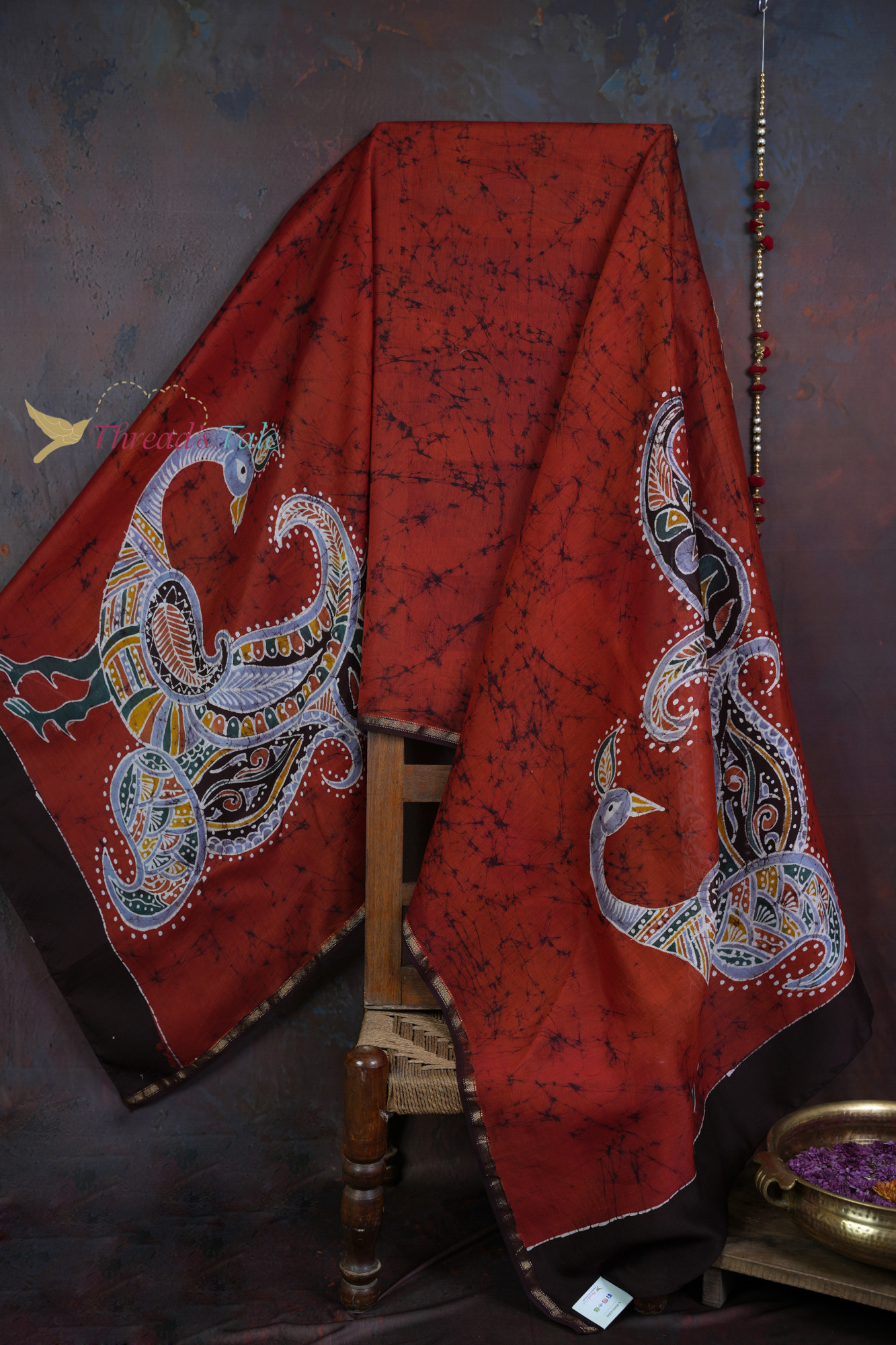 Handcrafted Red Batik Dupatta With Peacock Design