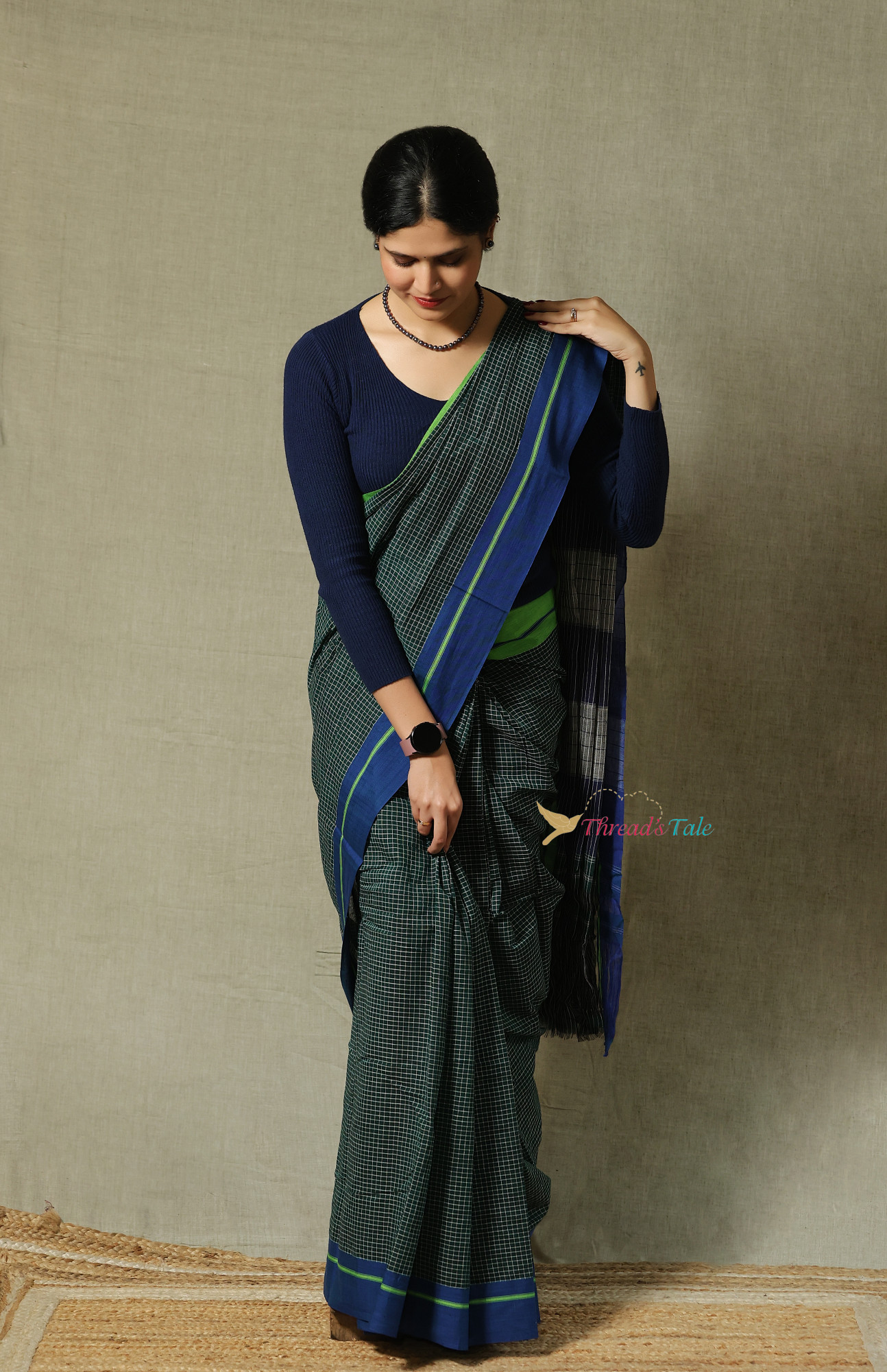 Forest Green Handwoven Cotton Checks Saree With Contrast Border