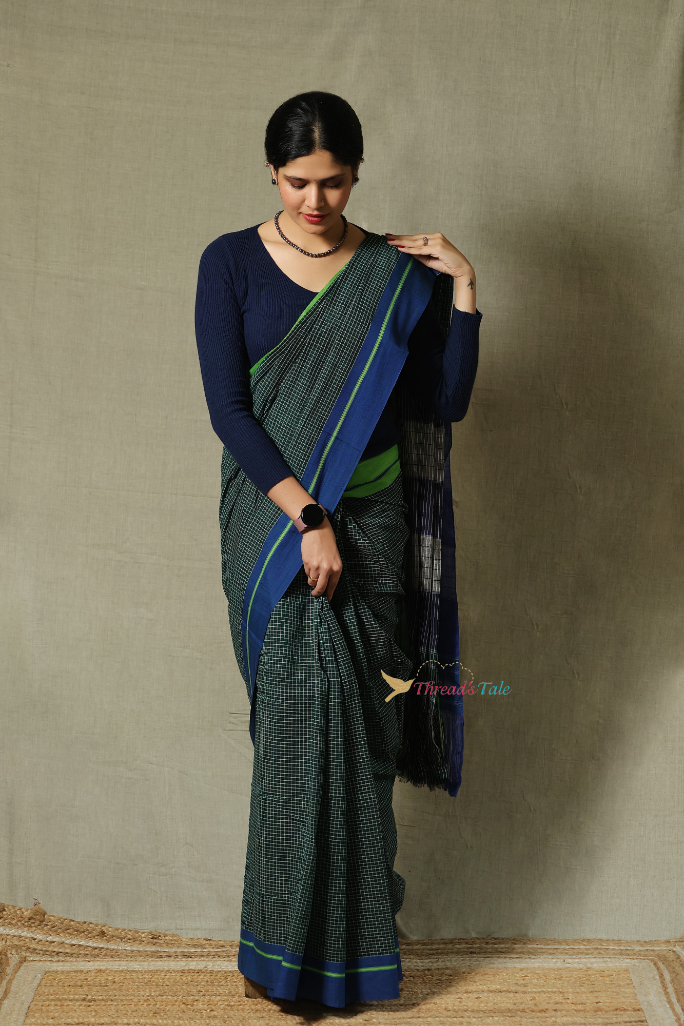 Forest Green Handwoven Cotton Checks Saree With Contrast Border