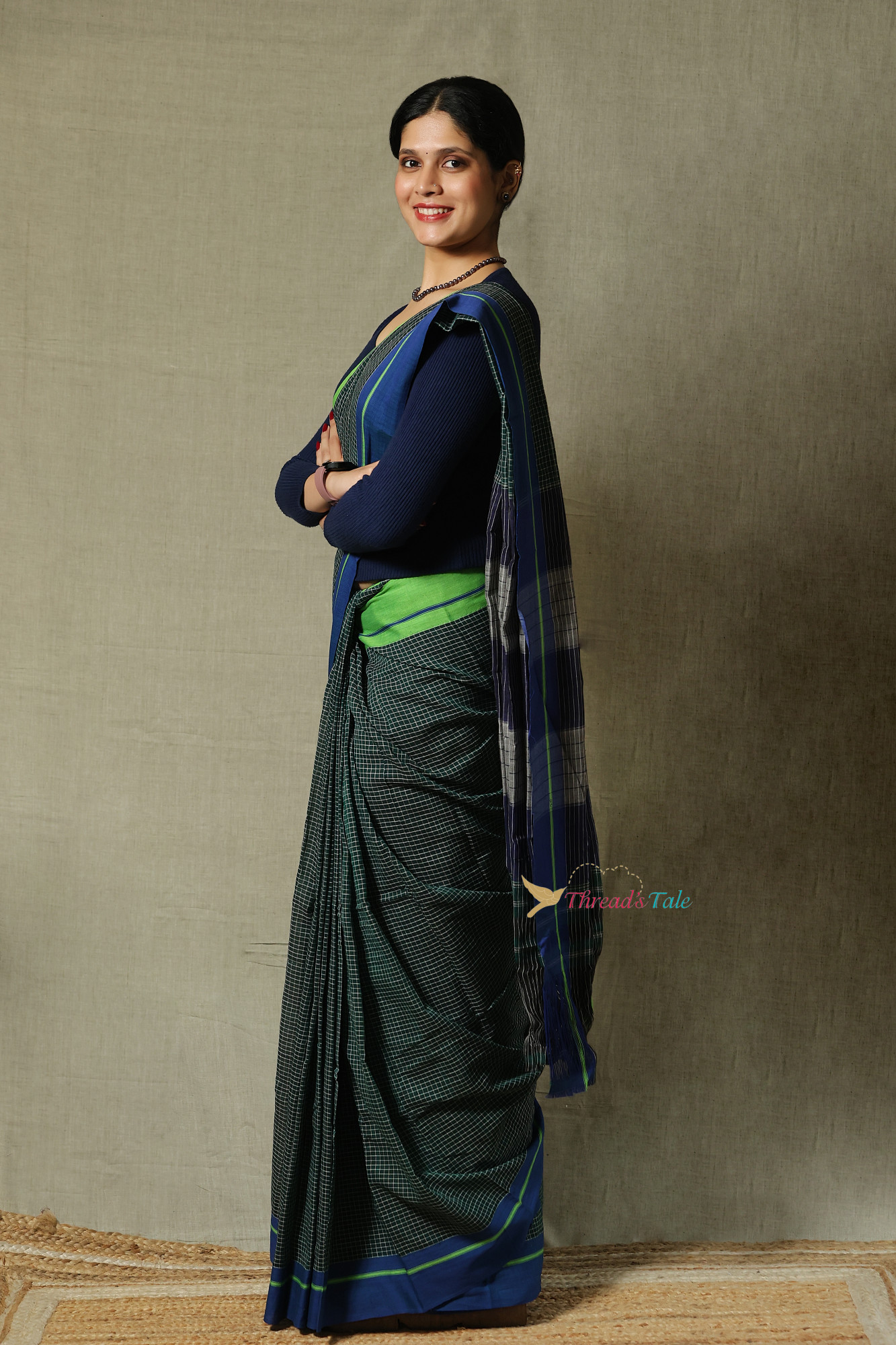 Forest Green Handwoven Cotton Checks Saree With Contrast Border