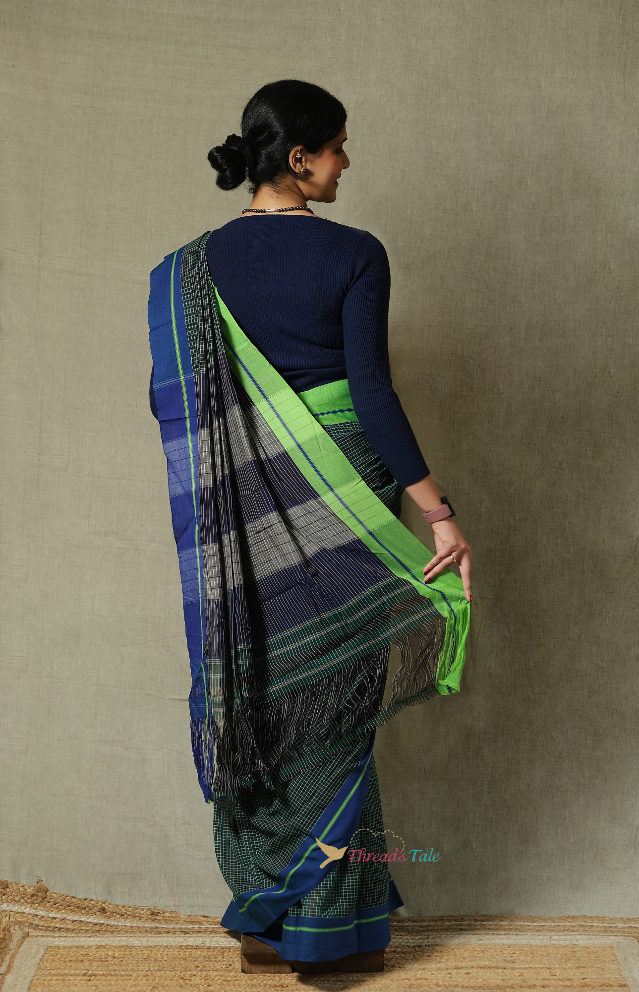 Forest Green Handwoven Cotton Checks Saree With Contrast Border