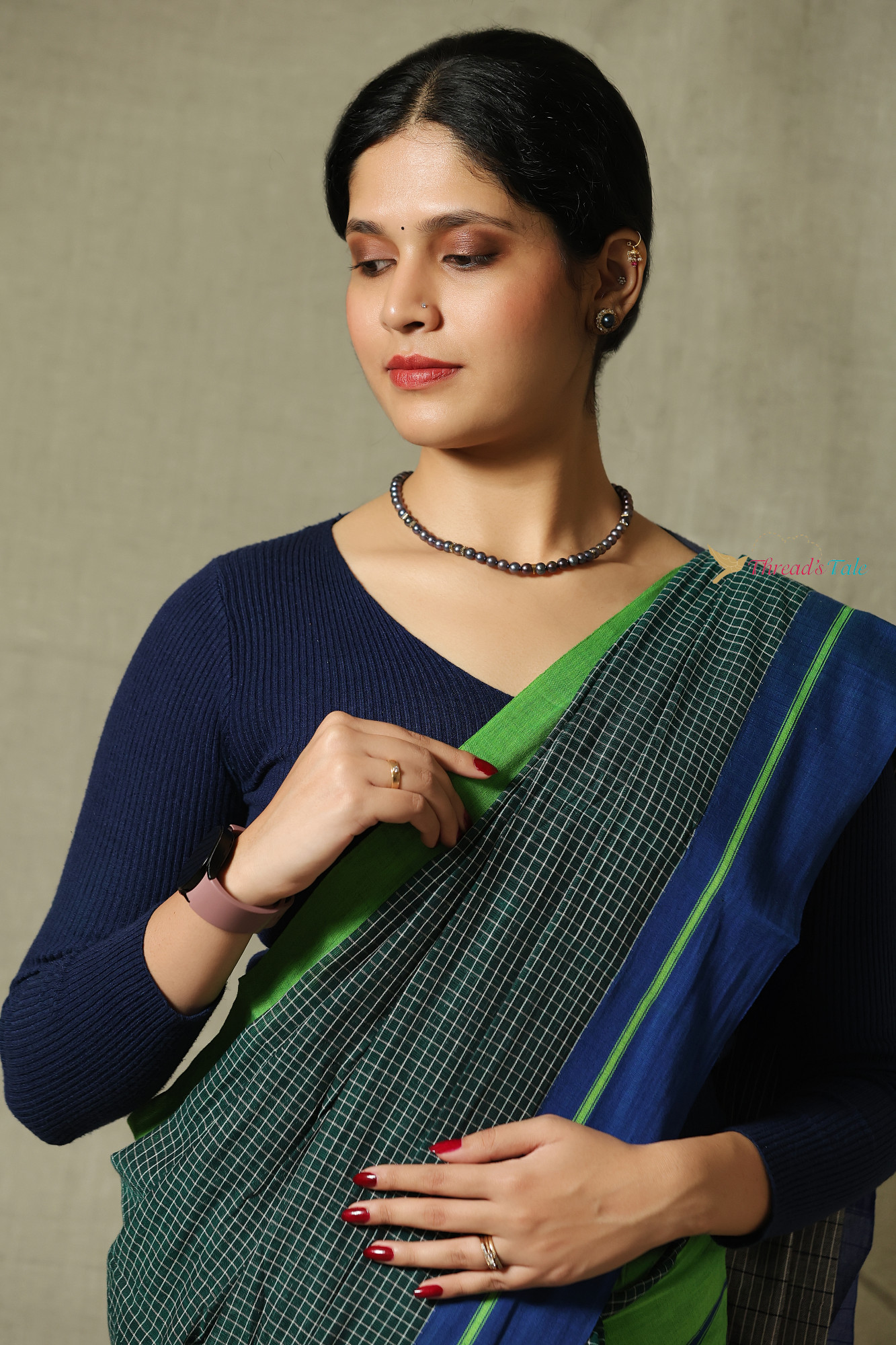 Forest Green Handwoven Cotton Checks Saree With Contrast Border