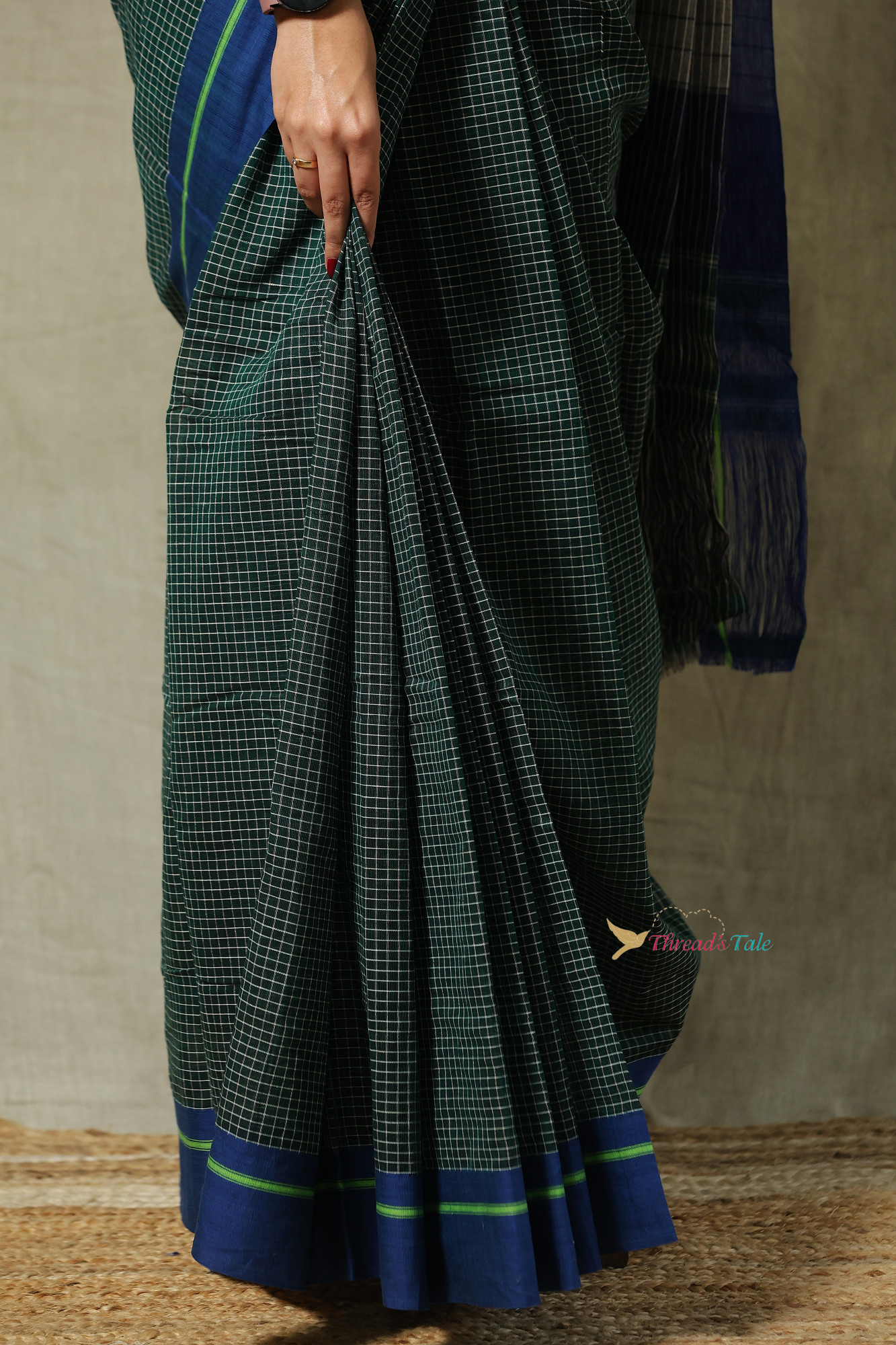 Forest Green Handwoven Cotton Checks Saree With Contrast Border