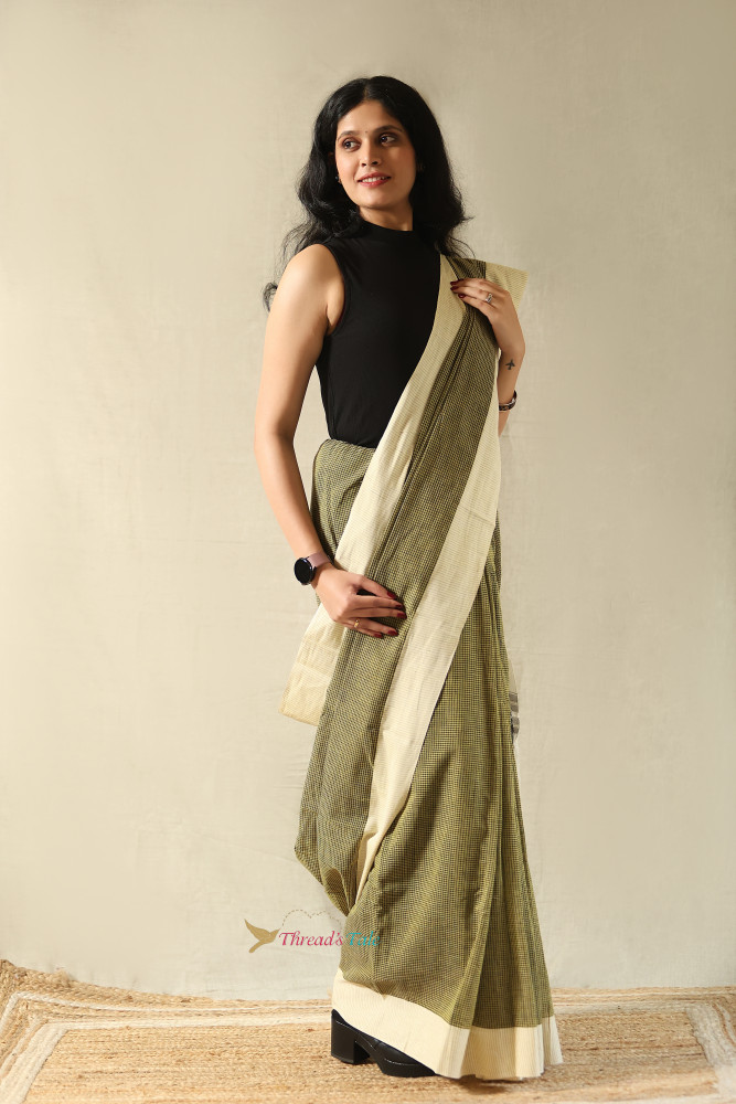 Image of Olive Green Handwoven Cotton Checks Saree With Contrast Border