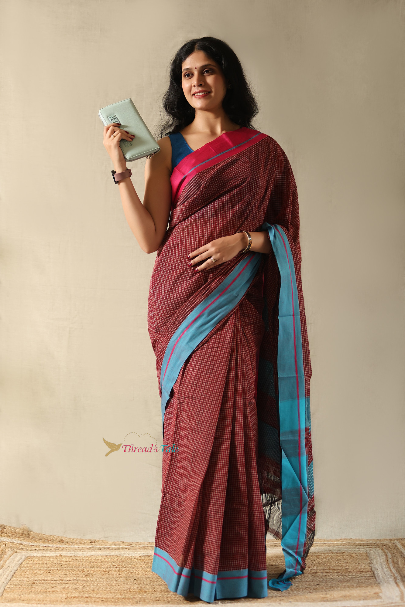 Rust Red Handwoven Cotton Checks Saree With Contrast Border