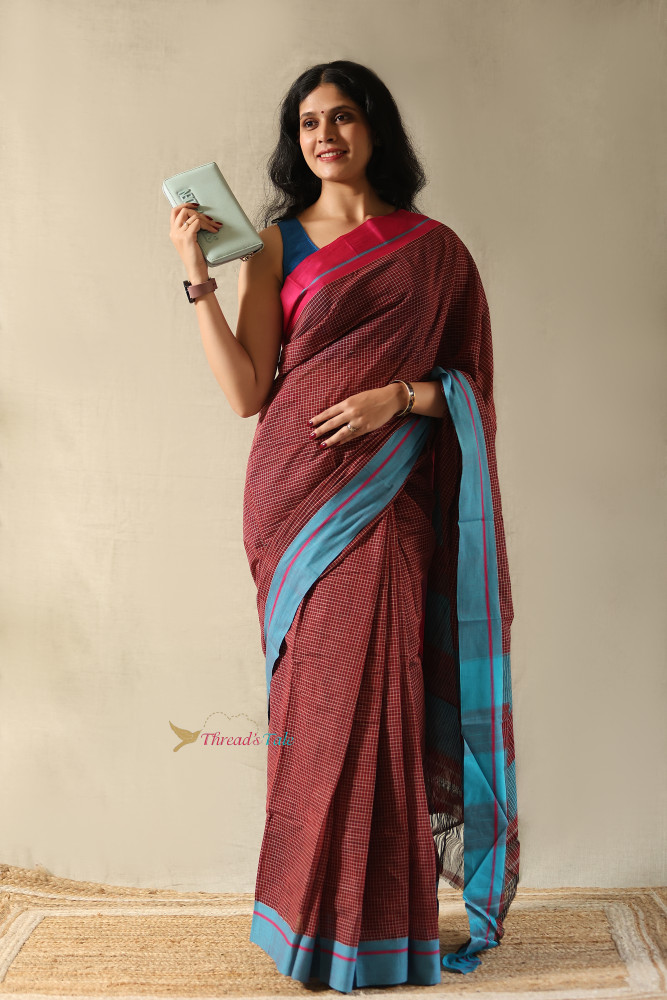 Image of Rust Red Handwoven Cotton Checks Saree With Contrast Border