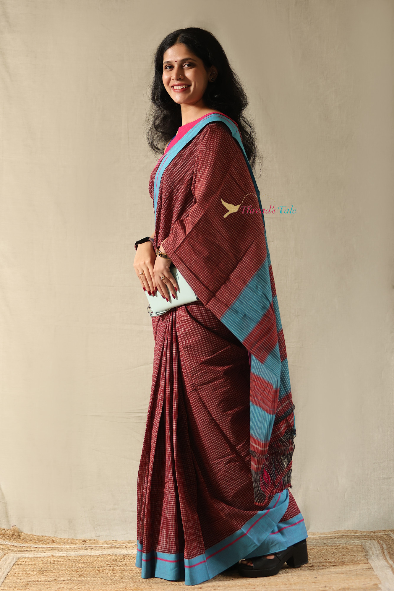 Rust Red Handwoven Cotton Checks Saree With Contrast Border