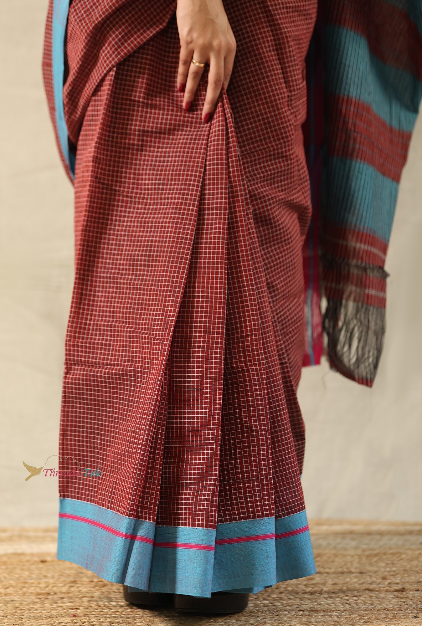 Rust Red Handwoven Cotton Checks Saree With Contrast Border