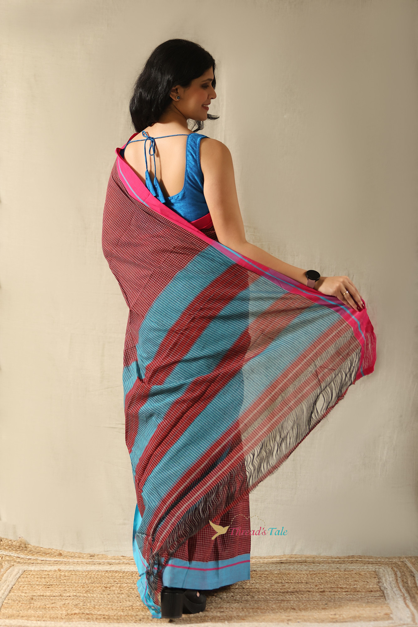 Rust Red Handwoven Cotton Checks Saree With Contrast Border