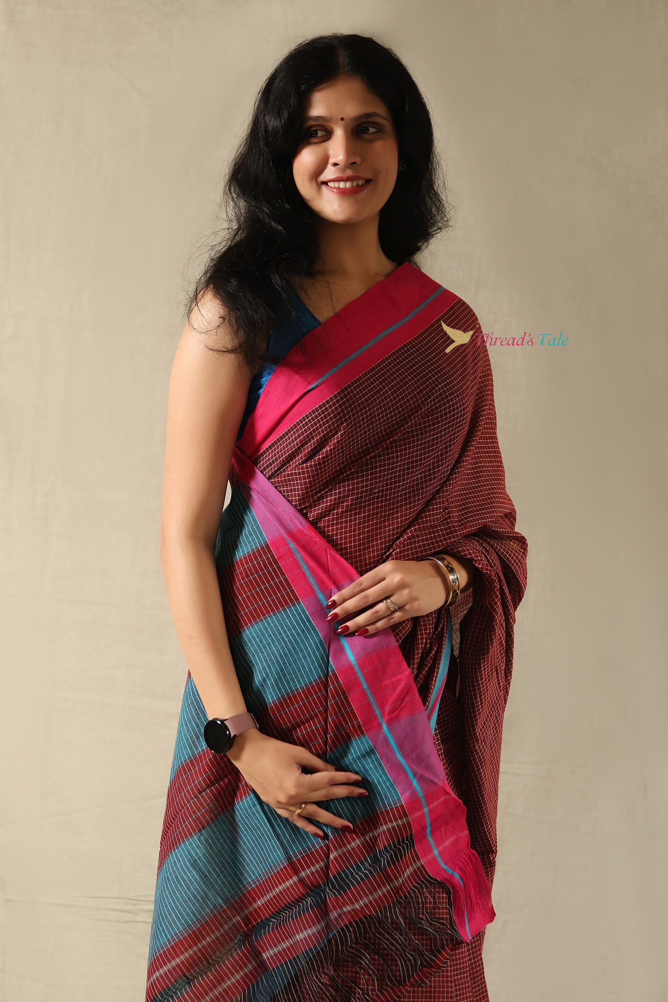 Rust Red Handwoven Cotton Checks Saree With Contrast Border