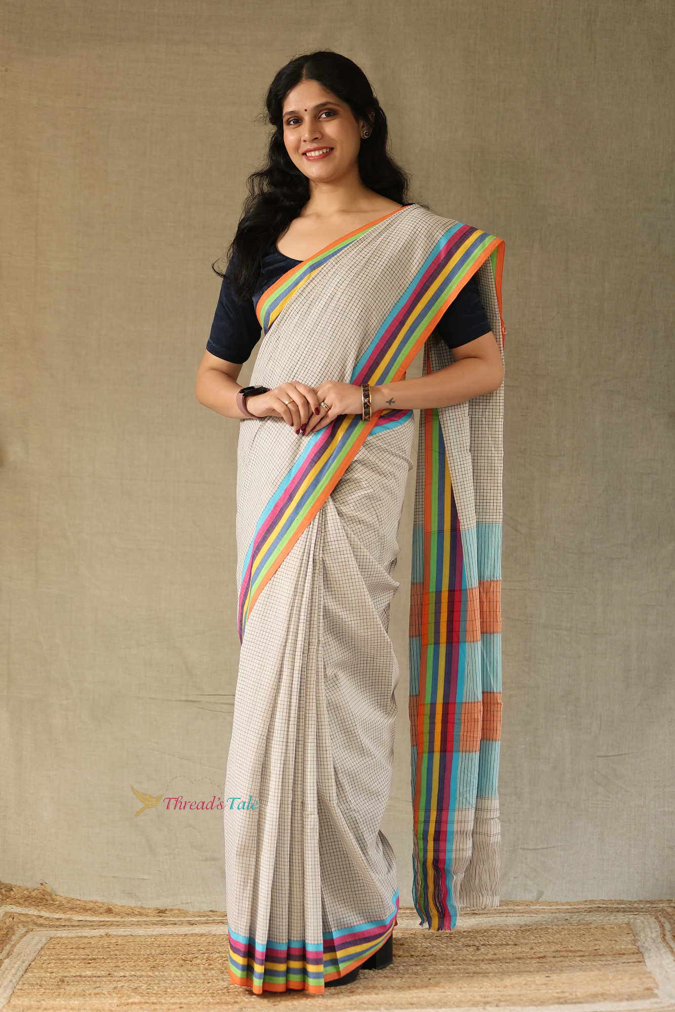 Ivory Handwoven Cotton Checks Saree With Contrast Border