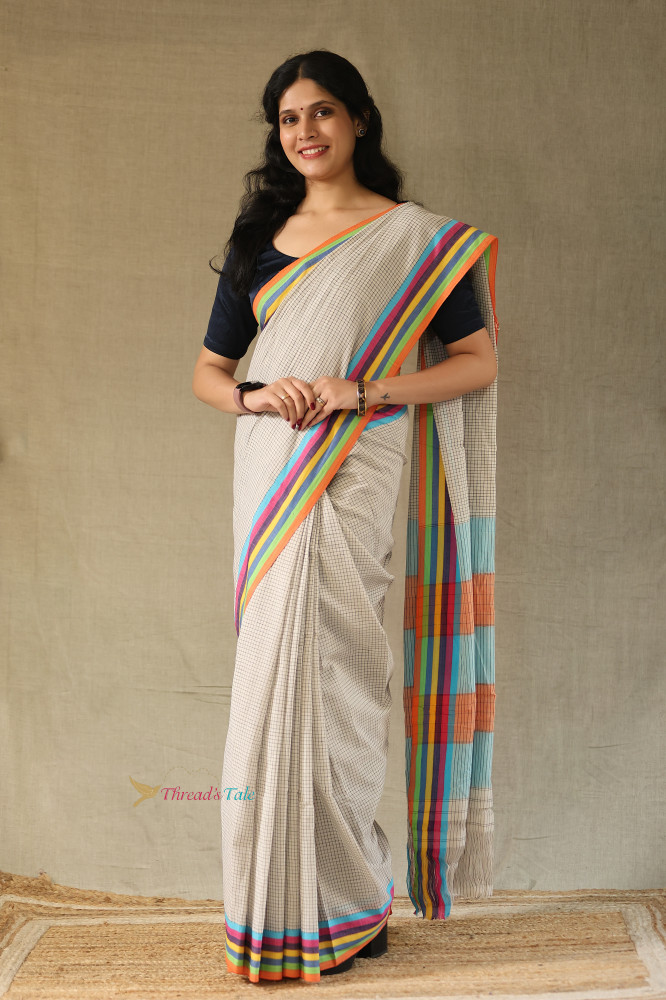 Image of Ivory Handwoven Cotton Checks Saree With Contrast Border