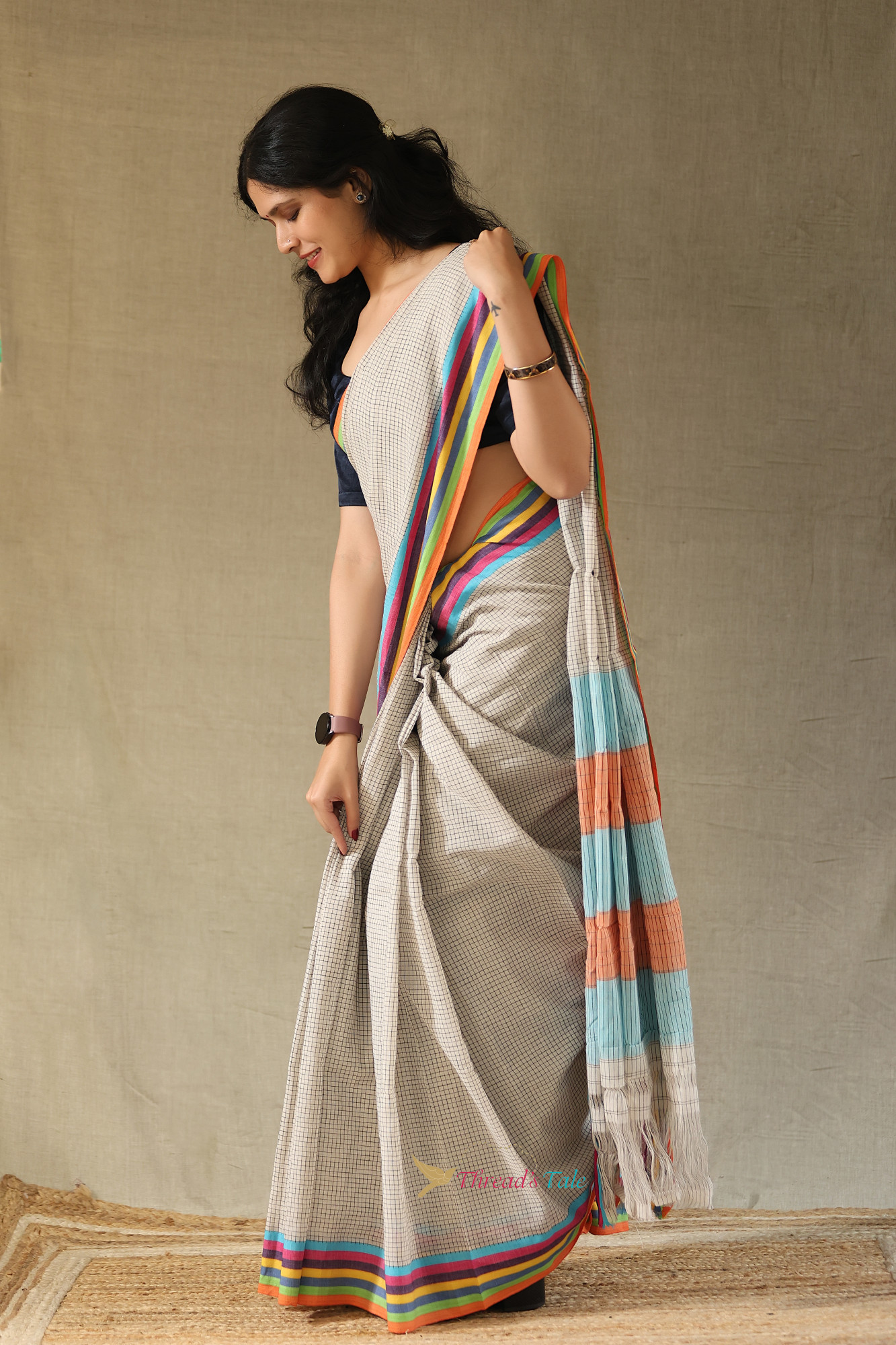 Ivory Handwoven Cotton Checks Saree With Contrast Border
