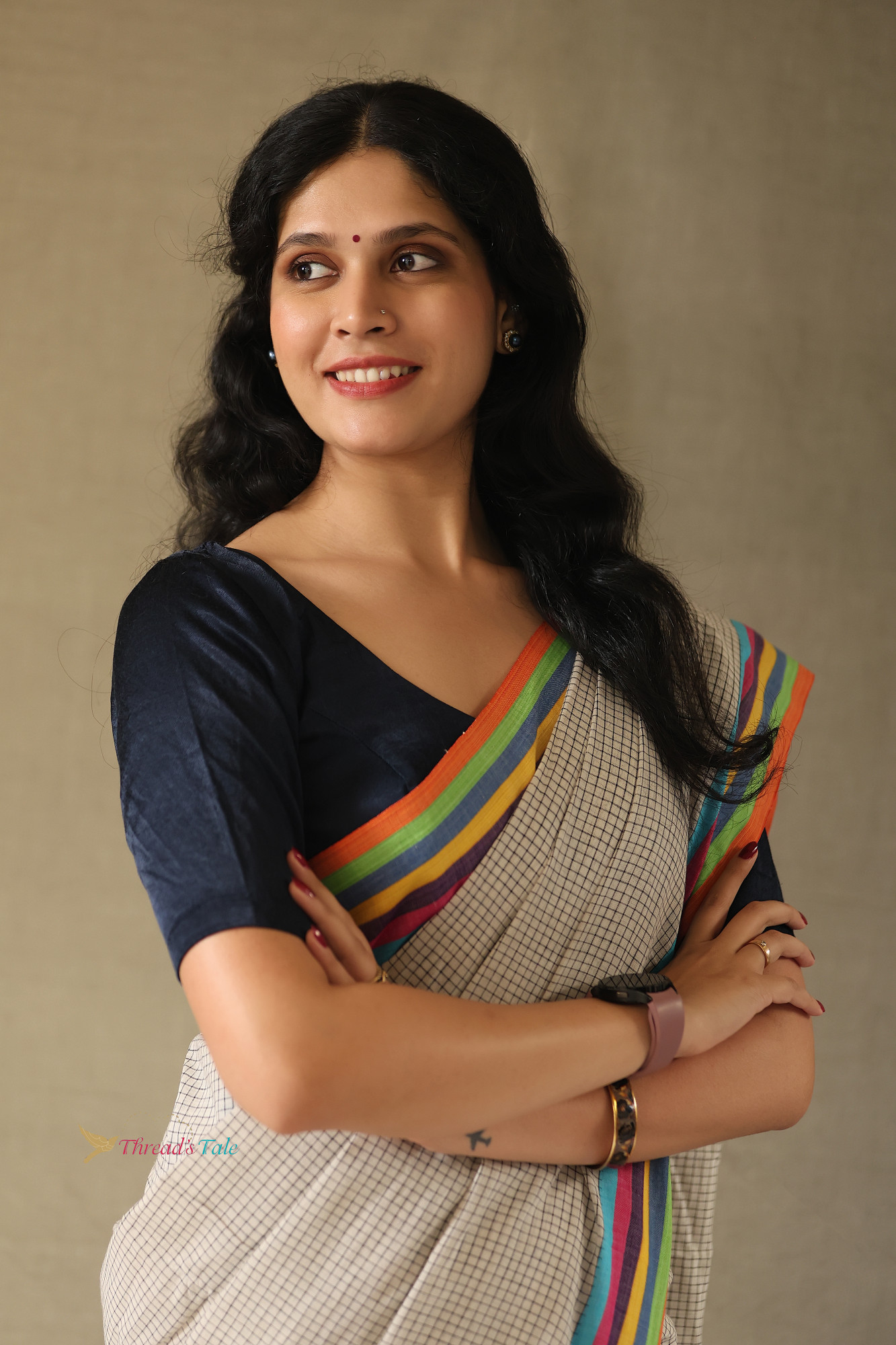 Ivory Handwoven Cotton Checks Saree With Contrast Border