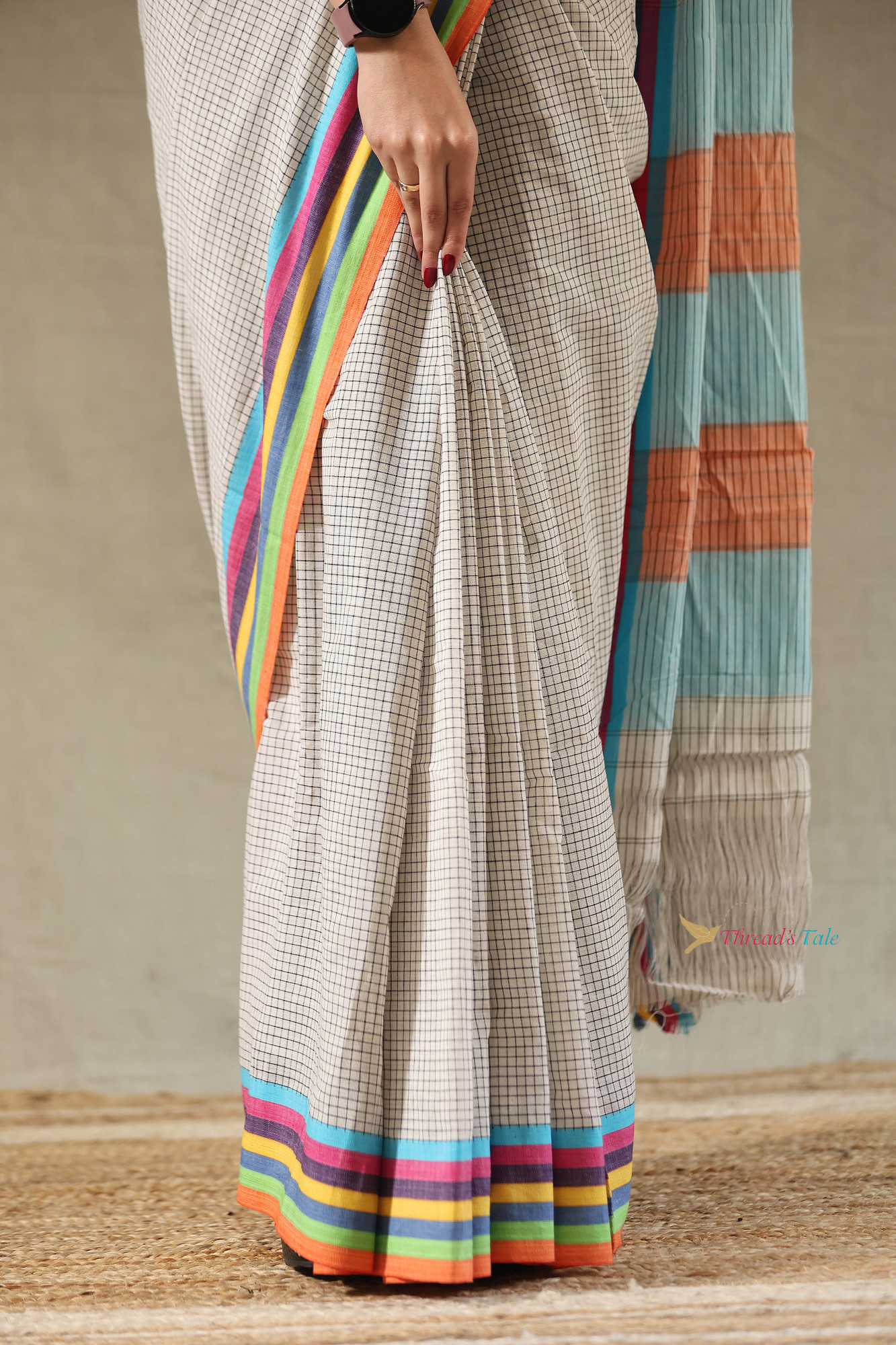 Ivory Handwoven Cotton Checks Saree With Contrast Border