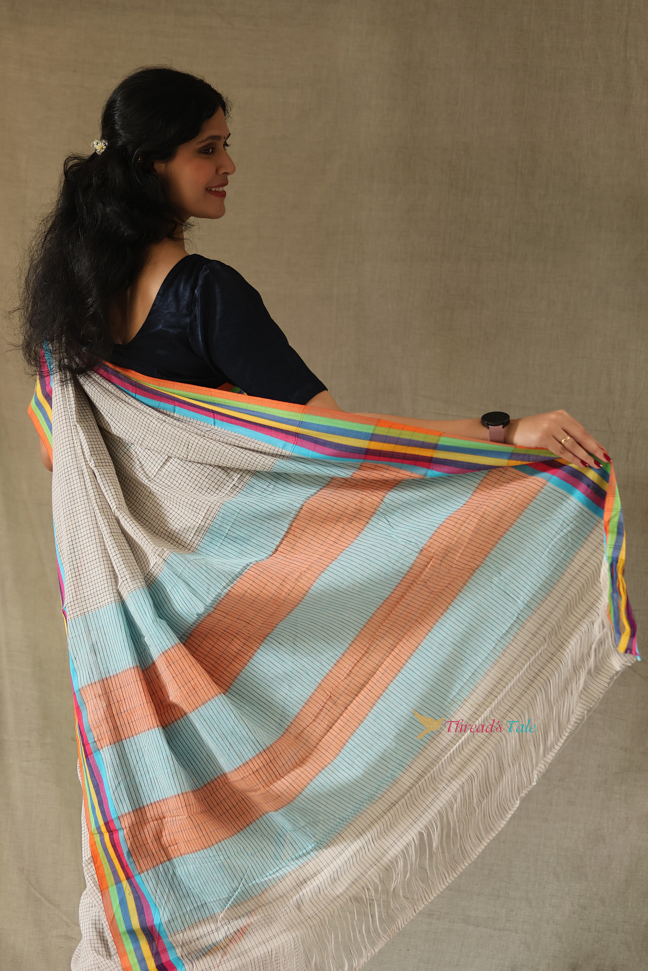 Ivory Handwoven Cotton Checks Saree With Contrast Border