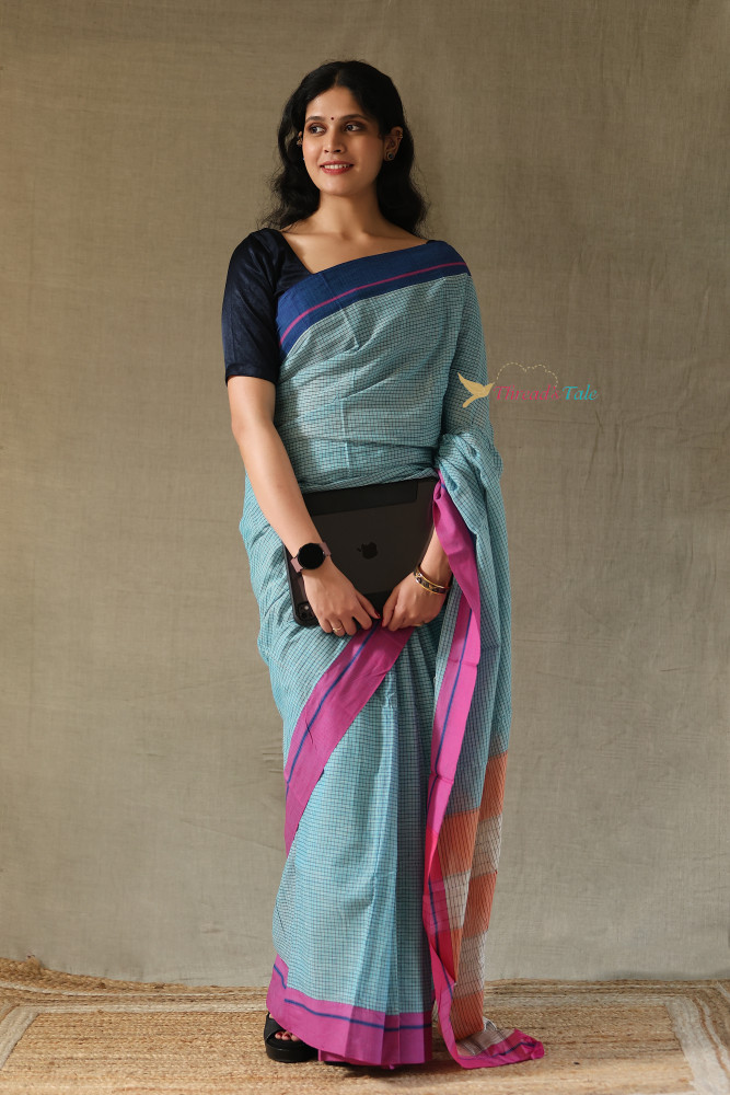 Image of Cool Blue Handwoven Cotton Checks Saree With Contrast Border