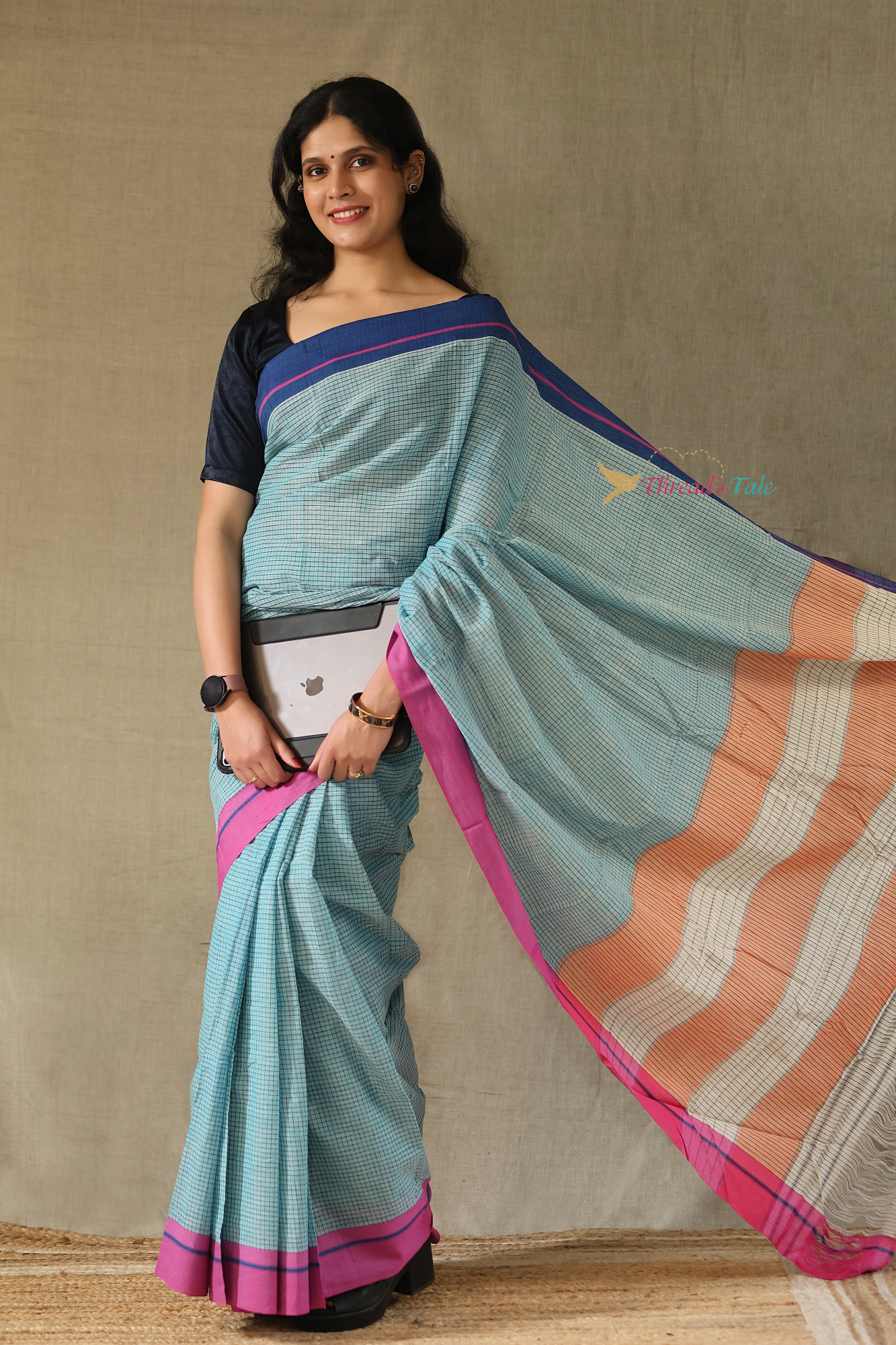 Cool Blue Handwoven Cotton Checks Saree With Contrast Border