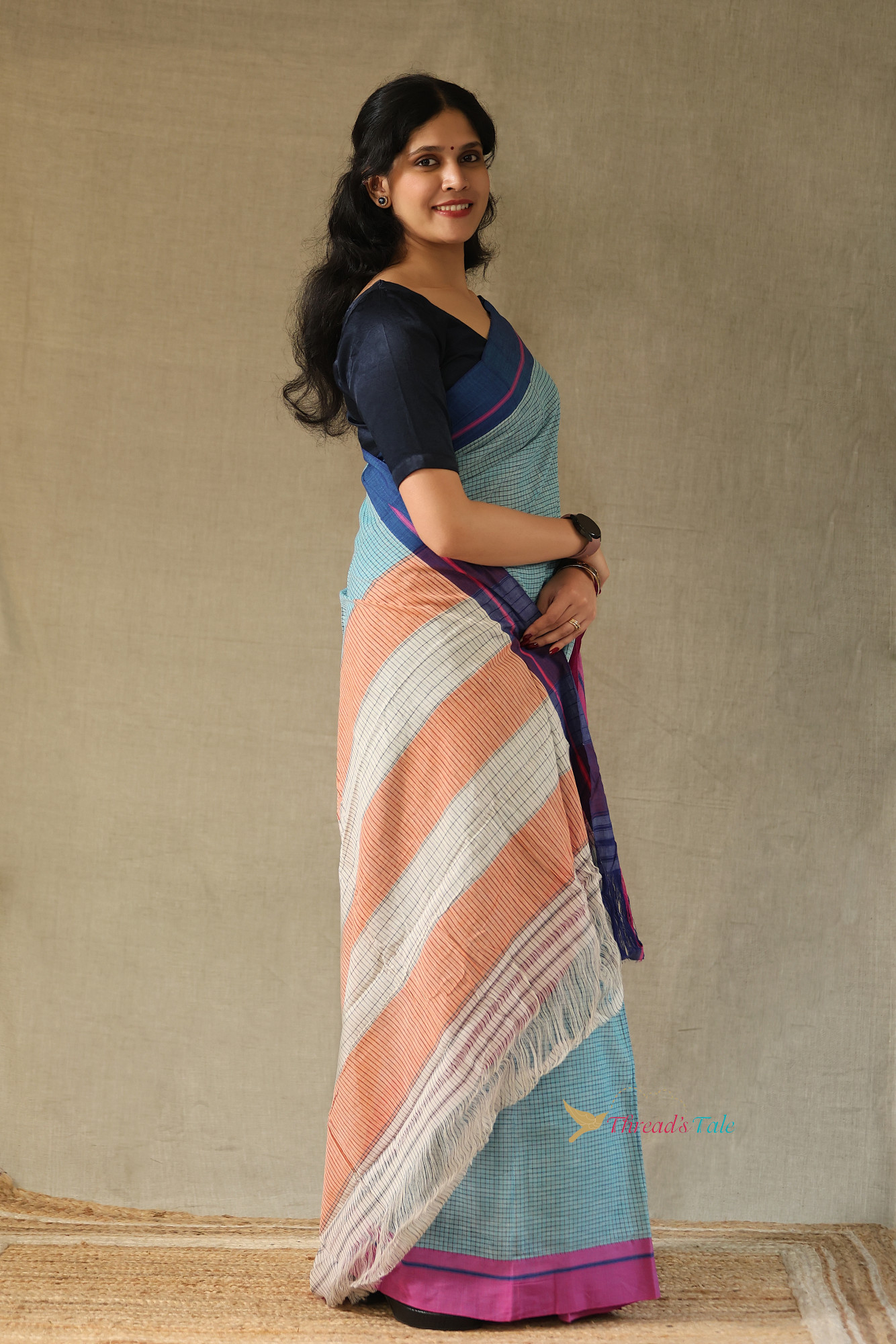 Cool Blue Handwoven Cotton Checks Saree With Contrast Border