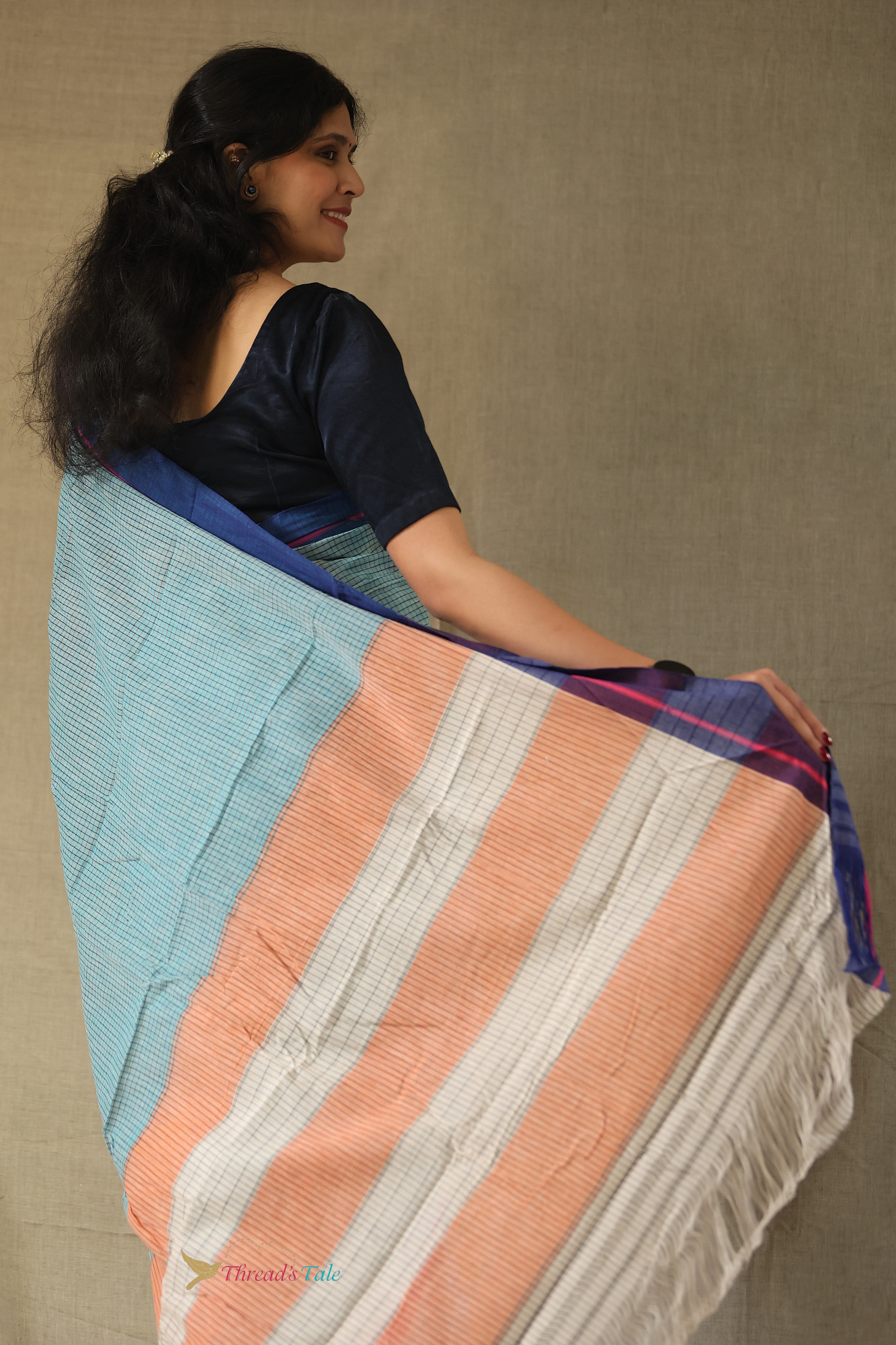 Cool Blue Handwoven Cotton Checks Saree With Contrast Border