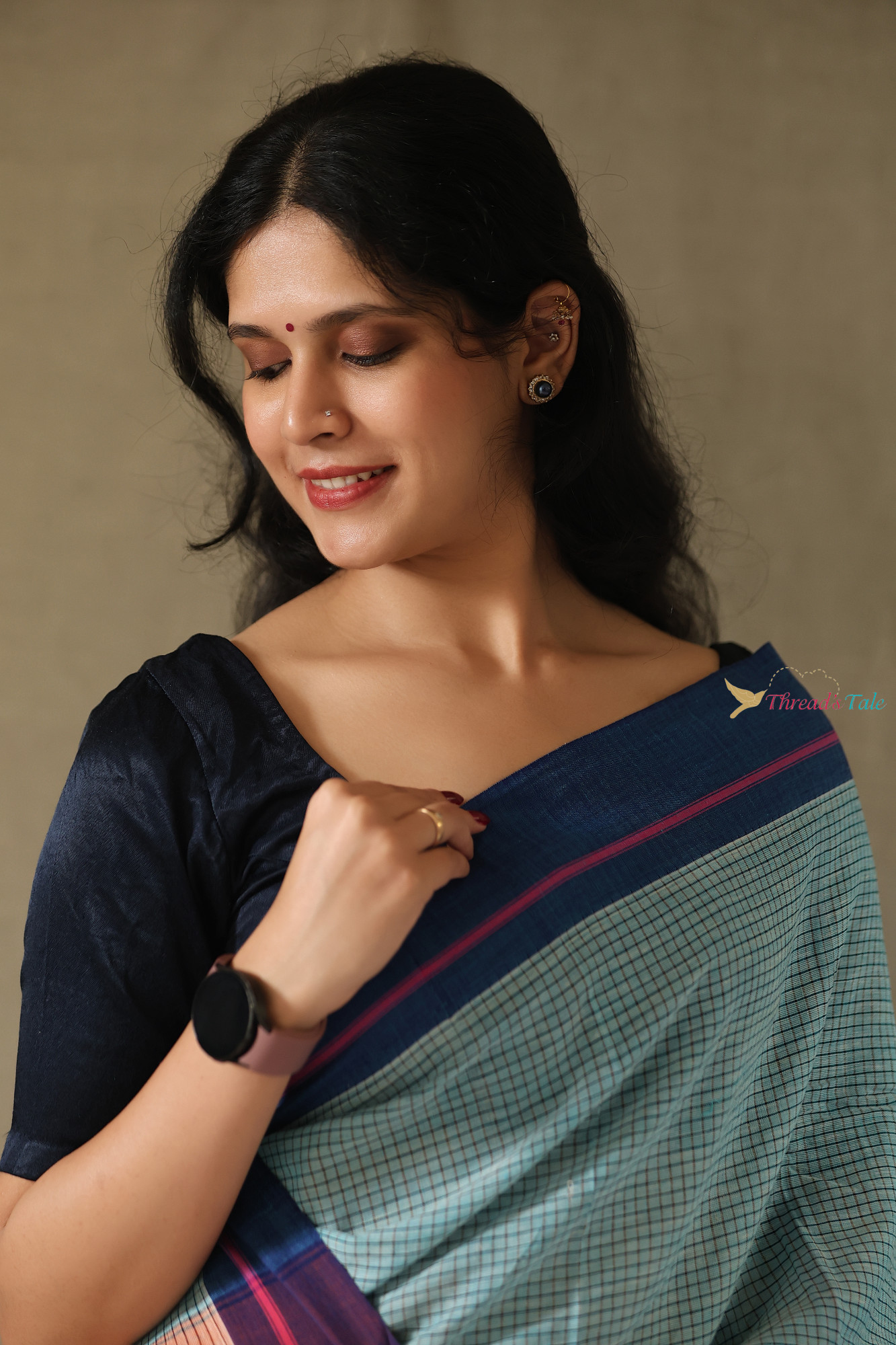 Cool Blue Handwoven Cotton Checks Saree With Contrast Border