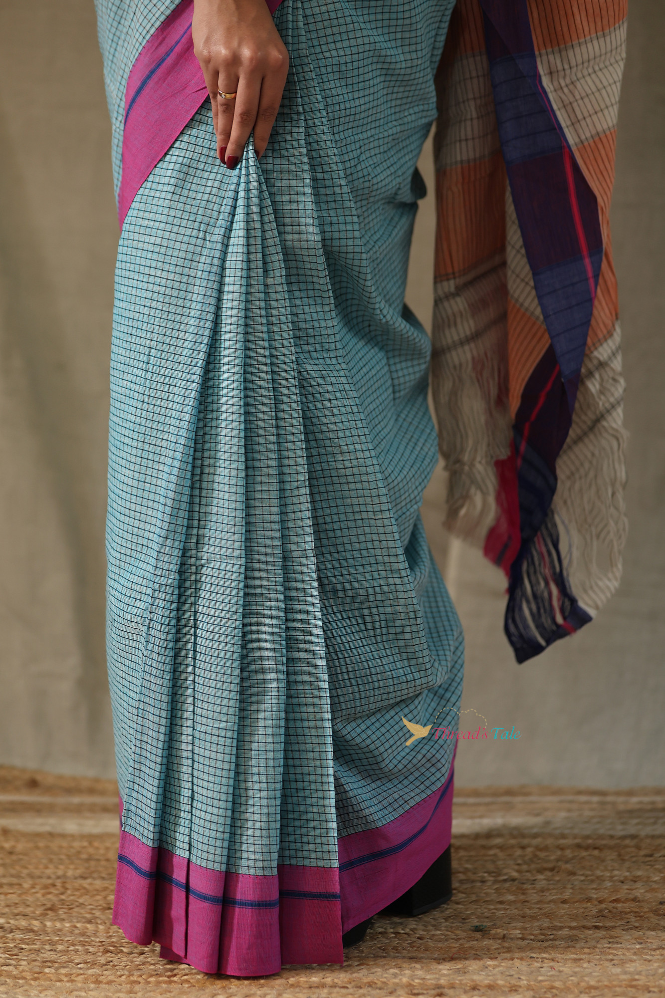 Cool Blue Handwoven Cotton Checks Saree With Contrast Border