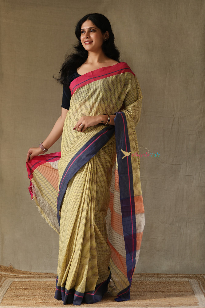 Image of Mustard Yellow Handwoven Cotton Checks Saree With Contrast Border